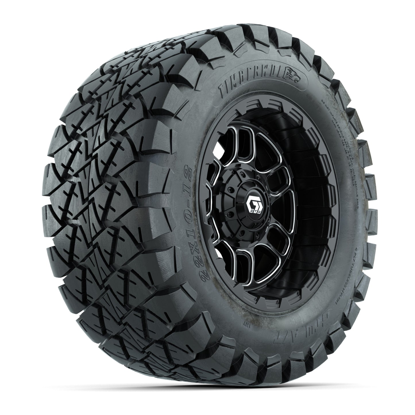 GTW® Titan Black/Machined 12 in Wheels with 22X10-12 Timberwolf All-Terrain Tires – Full Set