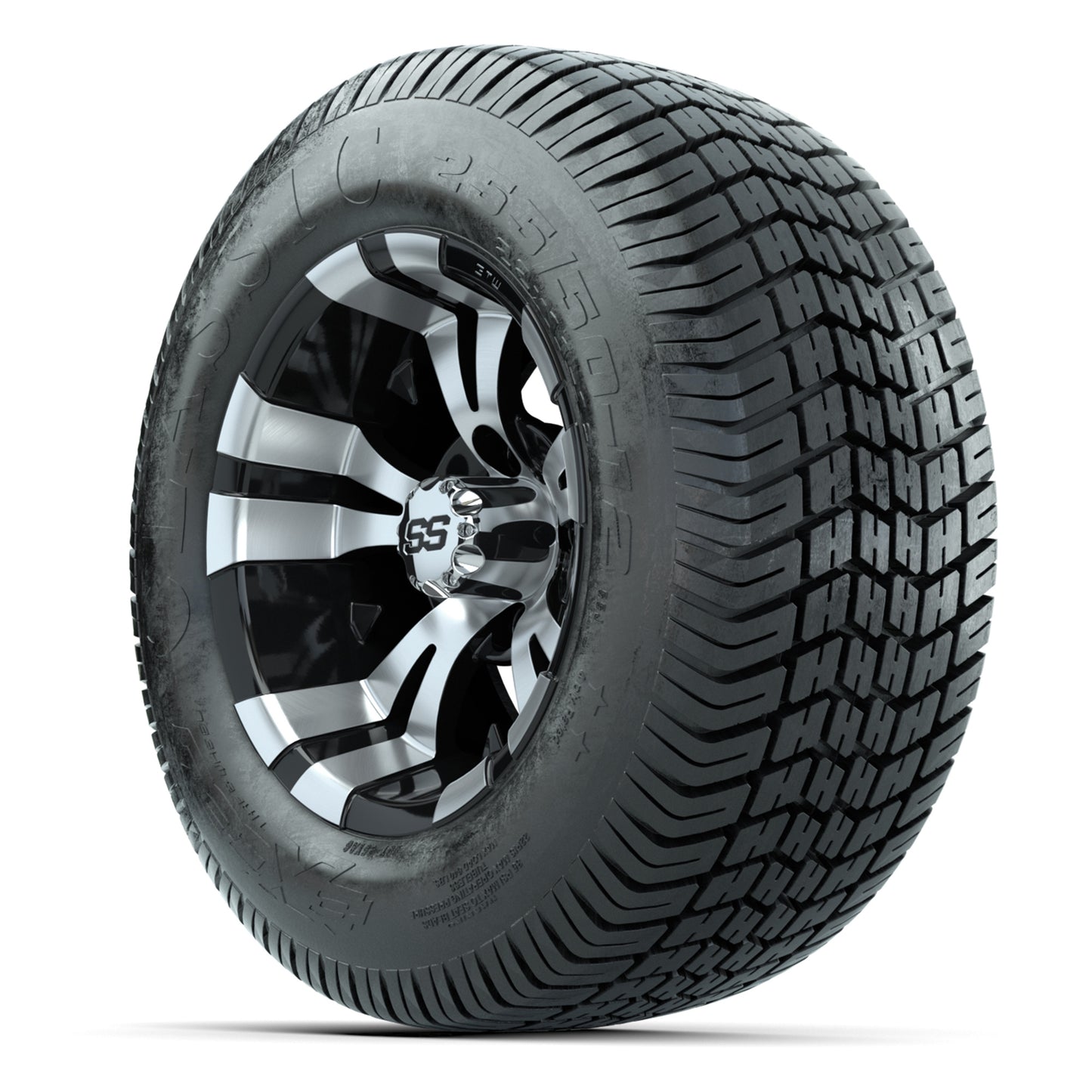 GTW® Vampire Black/Machined 12 in Wheels with 255/50-12 Excel Classic Street Tires – Full Set