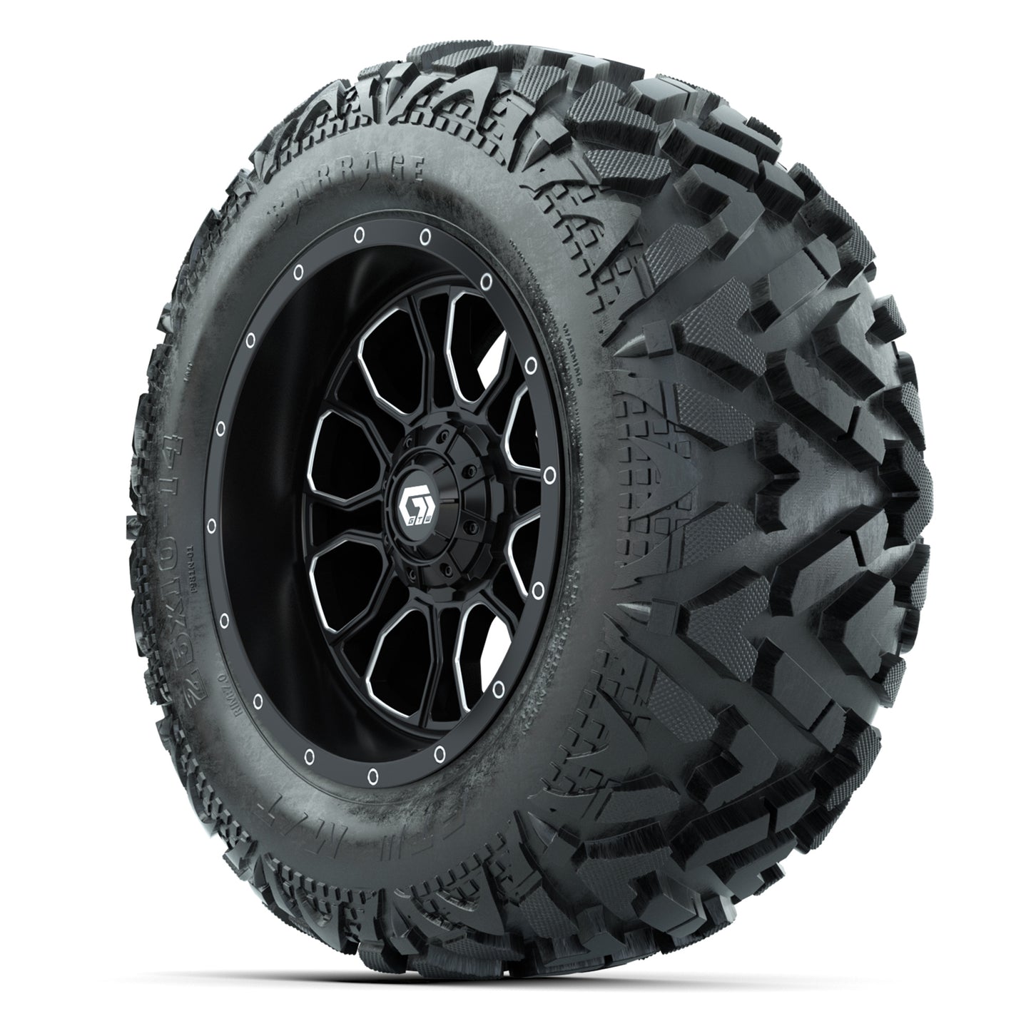 GTW Volt Black/Machined 14 in Wheels with 25x10-14 Barrage Mud Tires – Full Set