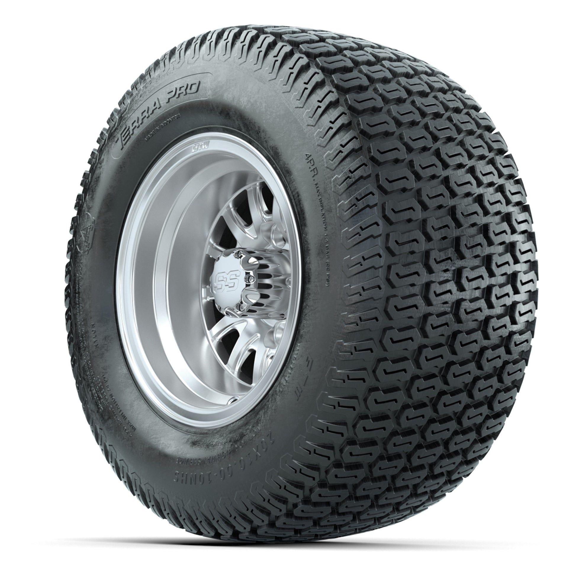 GTW Medusa Silver/Machined 10 in Wheels with 20x10-10 S-Pattern Terra Pro Street Tires – Full Set
