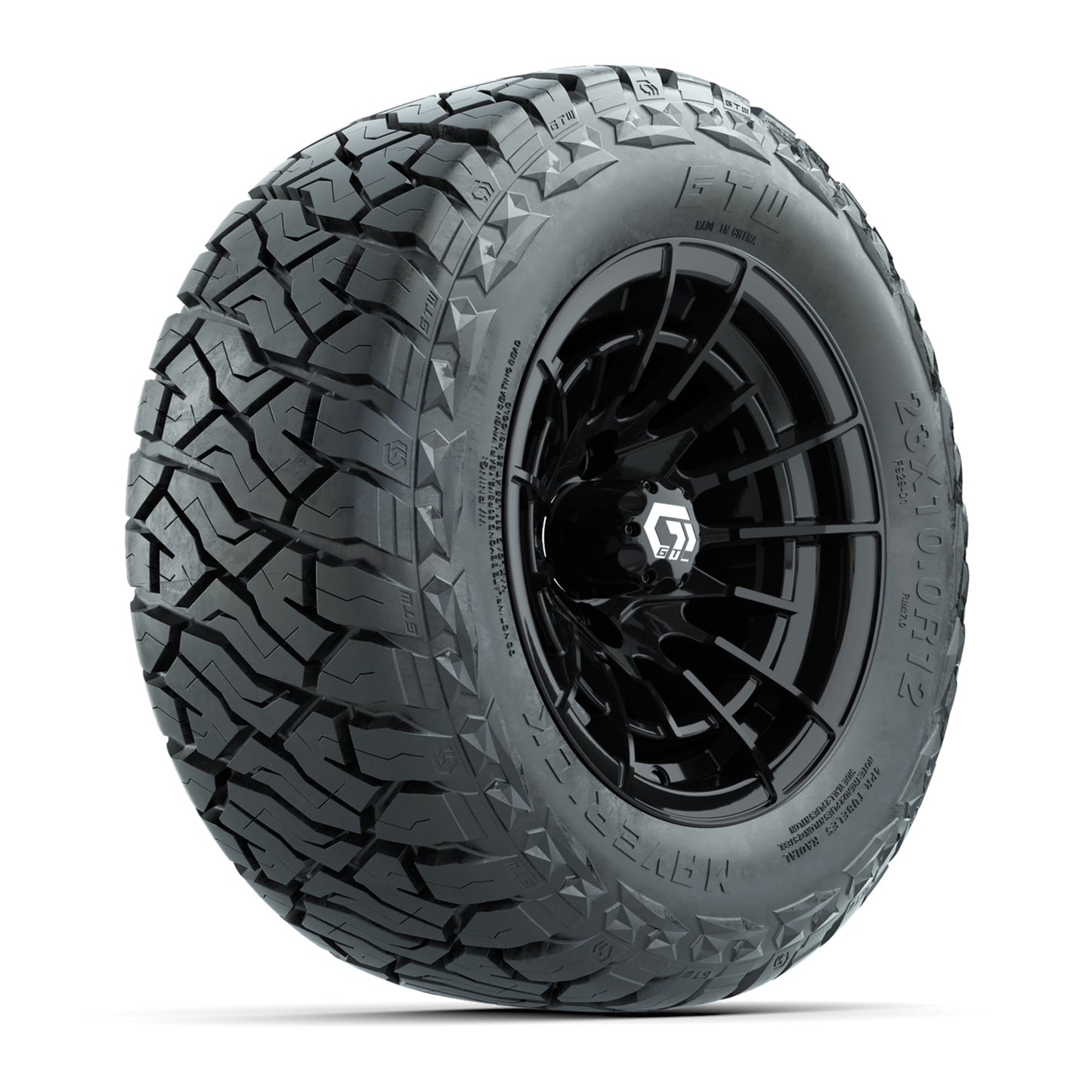 GTW Boost Gloss Black 12 in Wheels with 23x10.00-R12 Maverick All-Terrain Tires – Full Set
