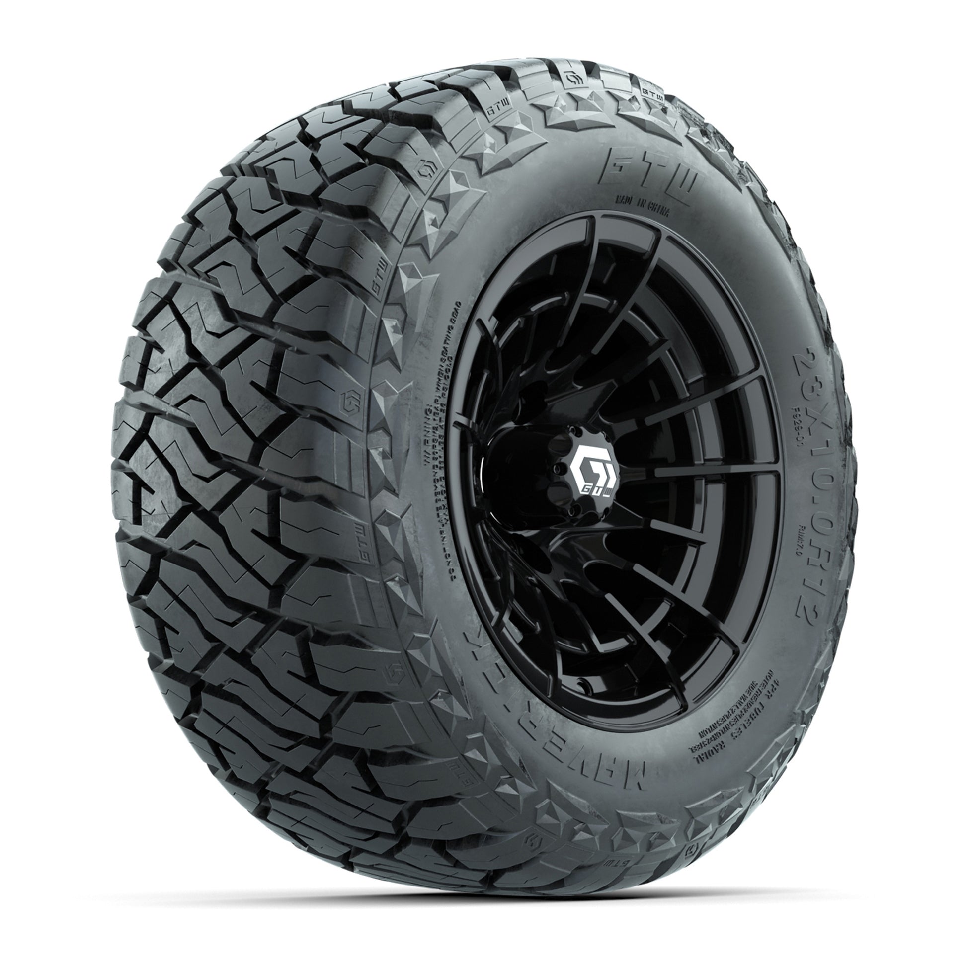 GTW Boost Gloss Black 12 in Wheels with 23x10.00-R12 Maverick All-Terrain Tires – Full Set