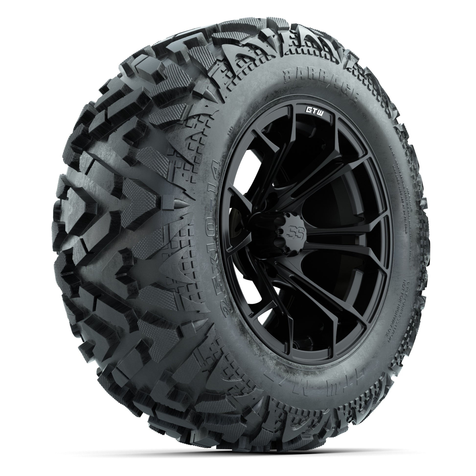 GTW Spyder Matte Black 14 in Wheels with 25x10-14 Barrage Mud Tires – Full Set