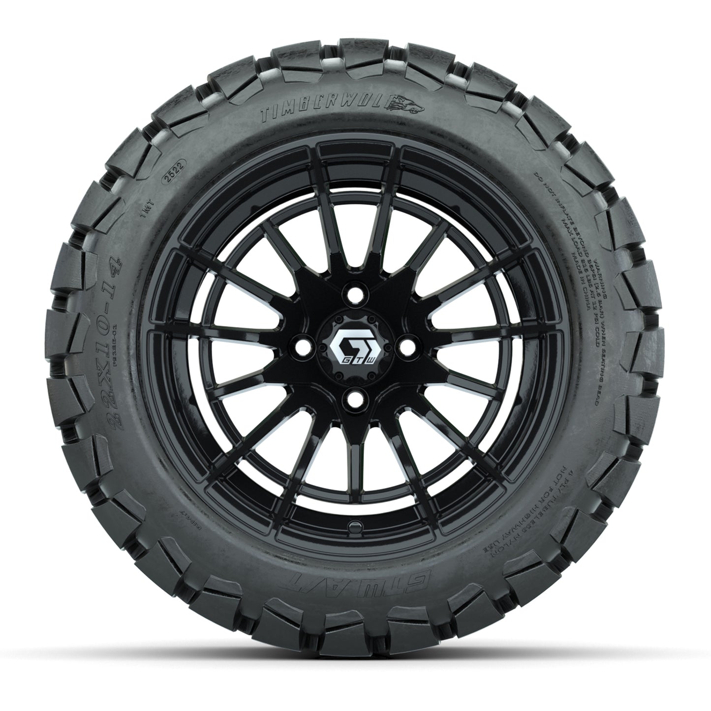 GTW® Boost Gloss Black 14 in Wheels with 22x10-14 Timberwolf All-Terrain Tires – Full Set