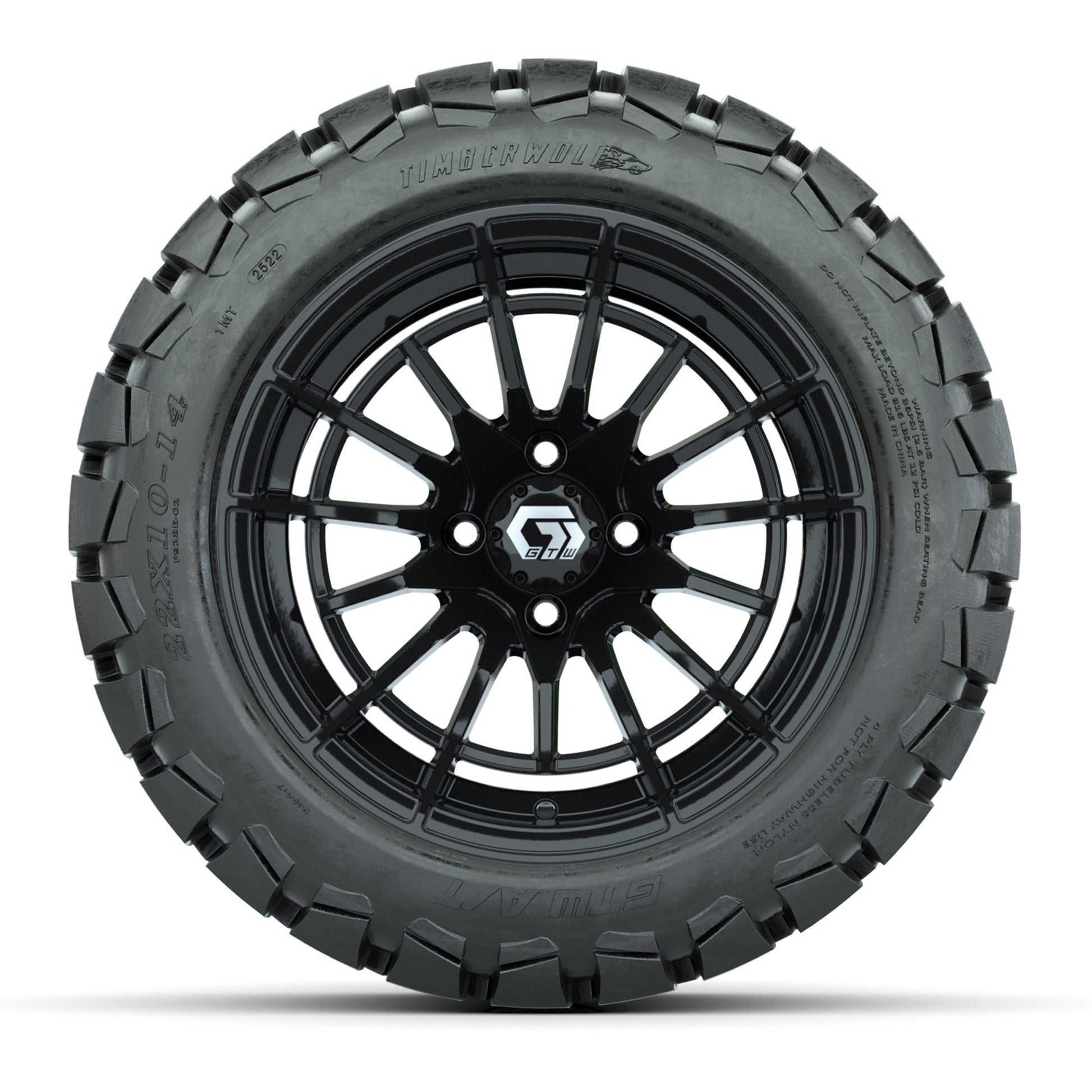 GTW® Boost Gloss Black 14 in Wheels with 22x10-14 Timberwolf All-Terrain Tires – Full Set