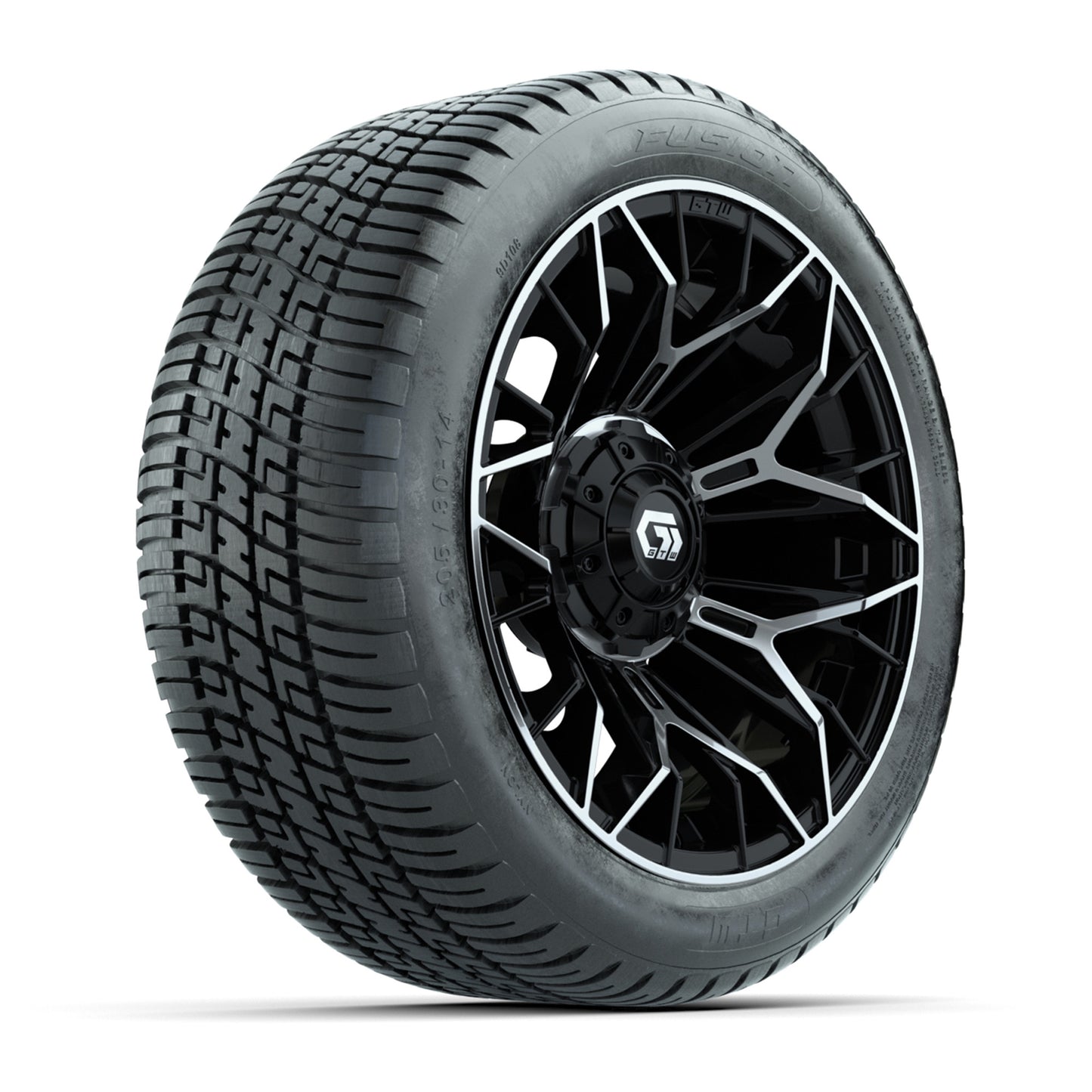 GTW® Stellar Black/Machined 14 in Wheels with 205/30-R14 Fusion Street Tires – Full Set