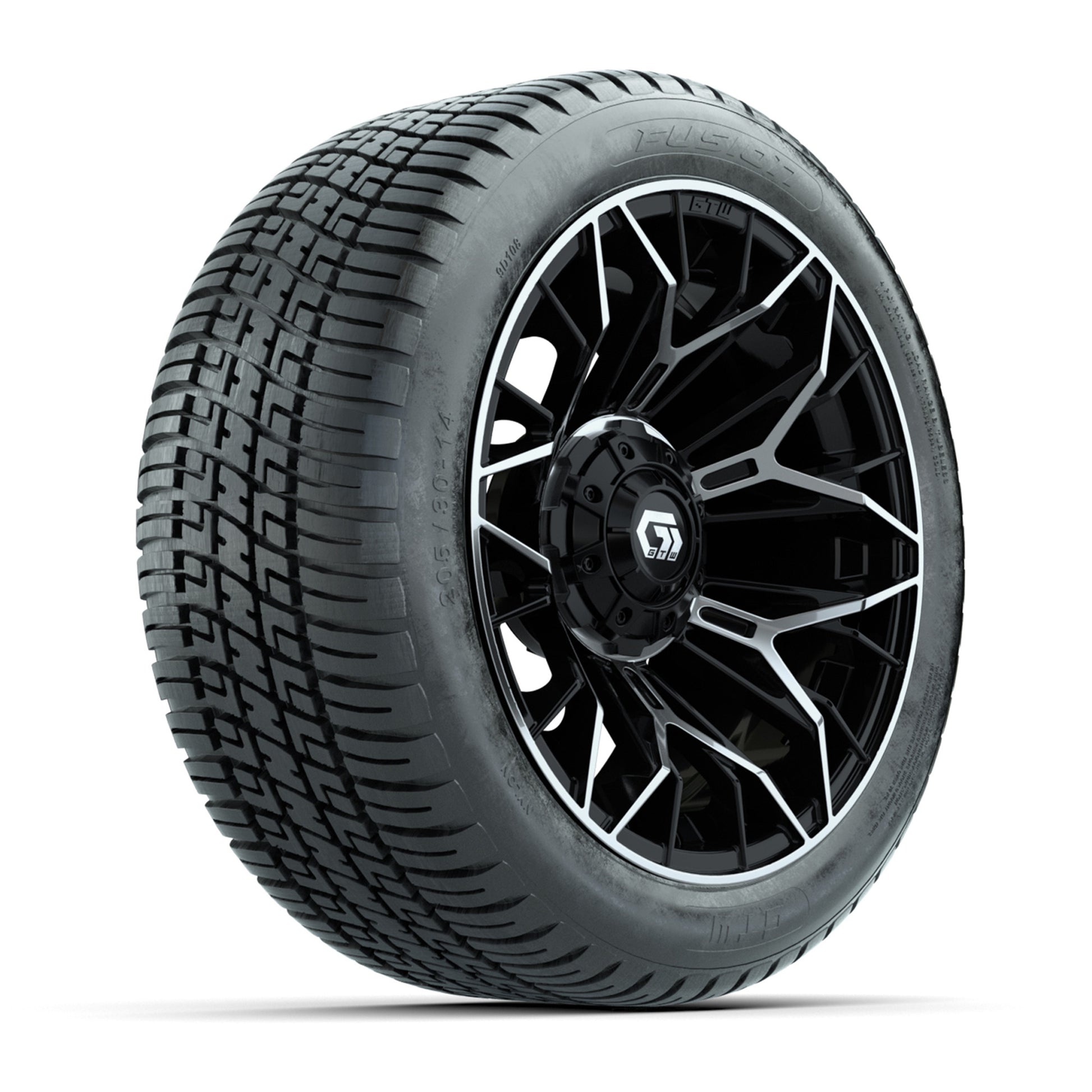 GTW® Stellar Black/Machined 14 in Wheels with 205/30-R14 Fusion Street Tires – Full Set