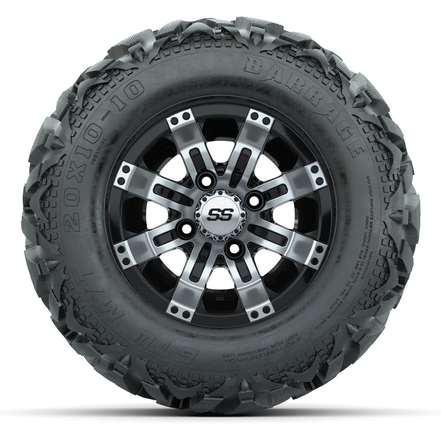 GTW Tempest Black/Machined 10 in Wheels with 20x10-10 Barrage Mud Tires – Full Set