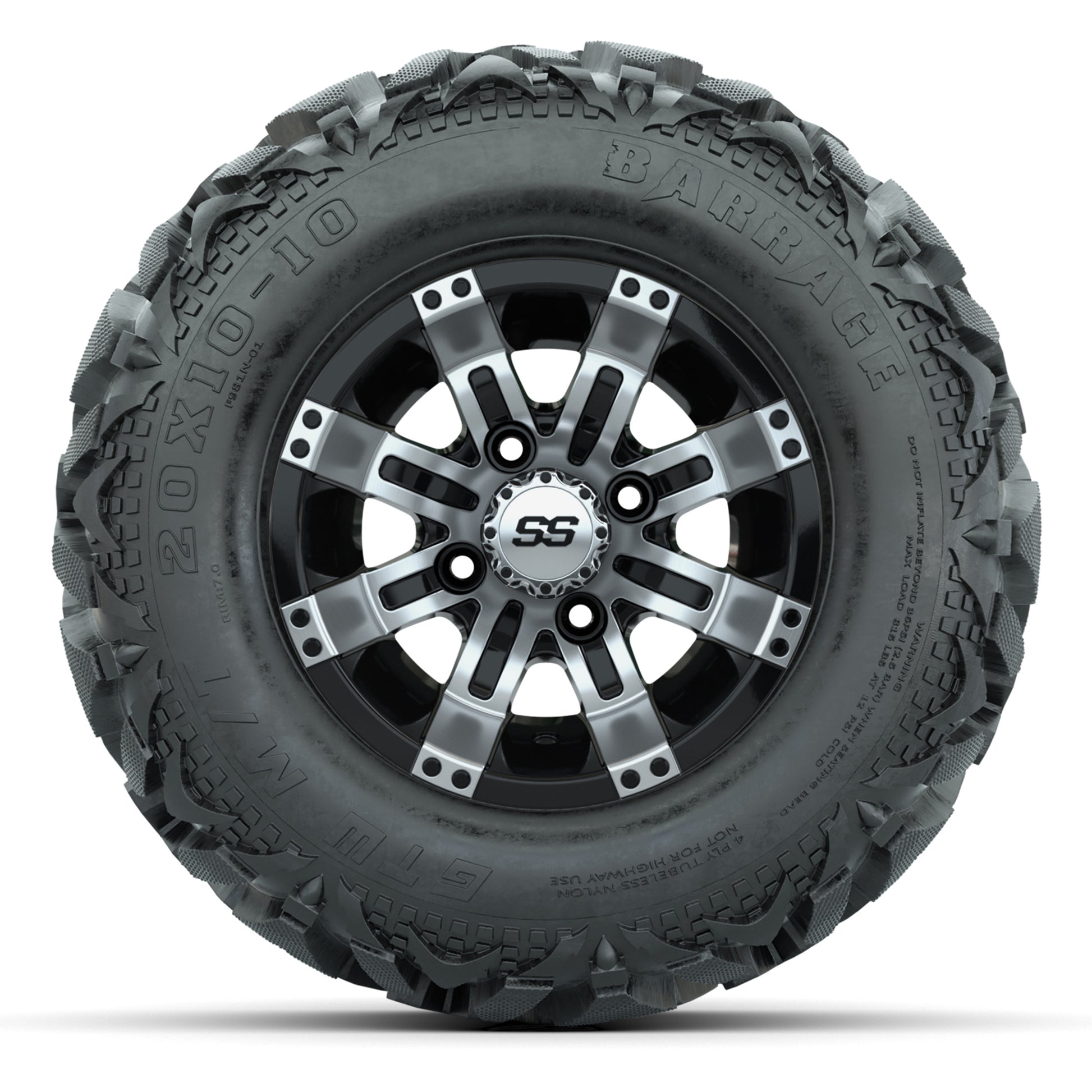 GTW Tempest Black/Machined 10 in Wheels with 20x10-10 Barrage Mud Tires – Full Set