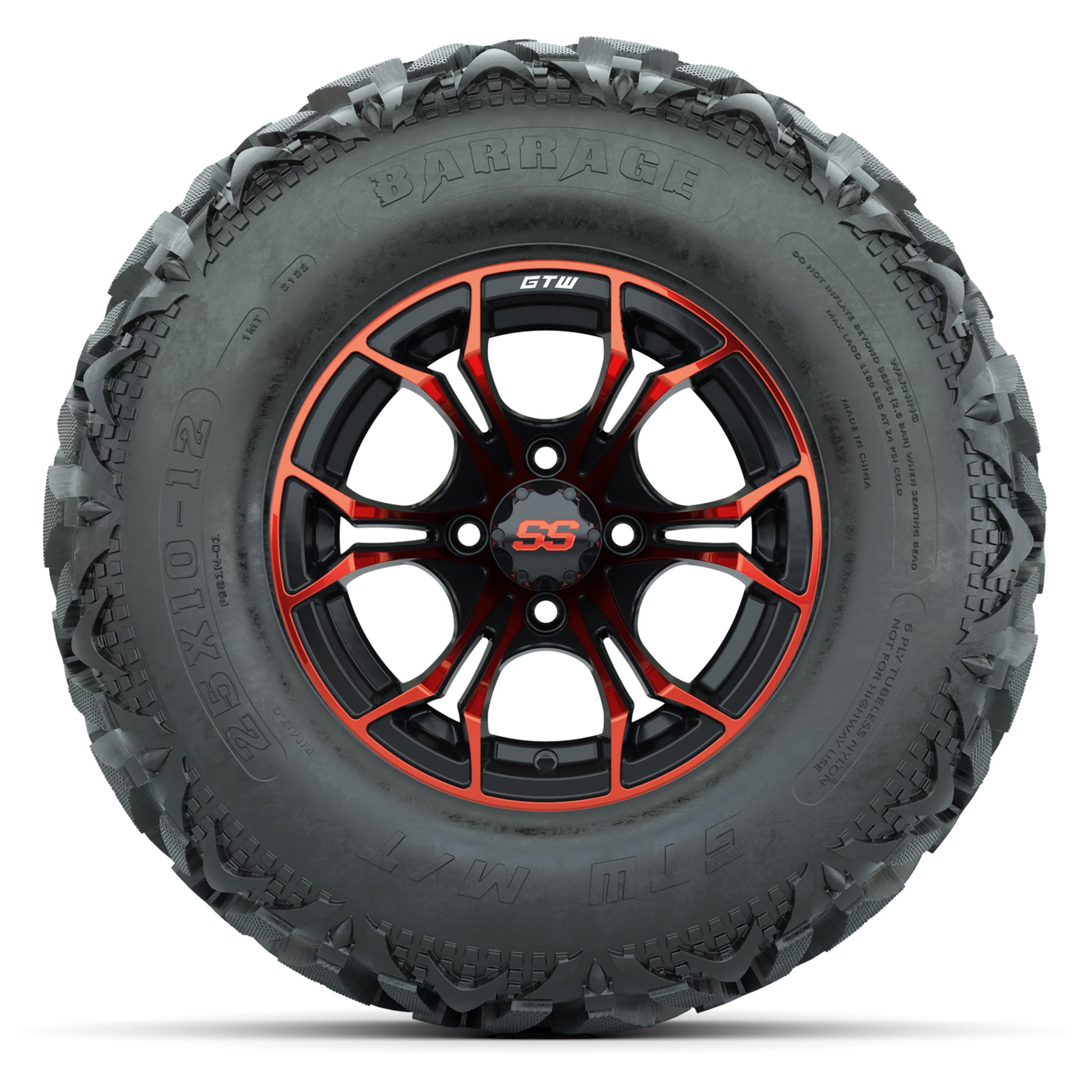 GTW® Spyder Black/Red 12 in Wheels with 25X10-12 Barrage Mud Tires – Full Set