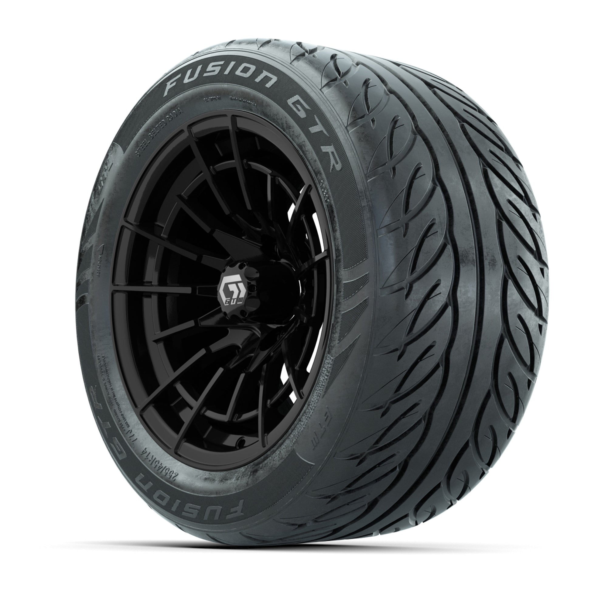GTW® Boost Gloss Black 14 in Wheels with 255/45-R14 Fusion GTR Steel Belt Radial Street Tires – Full Set