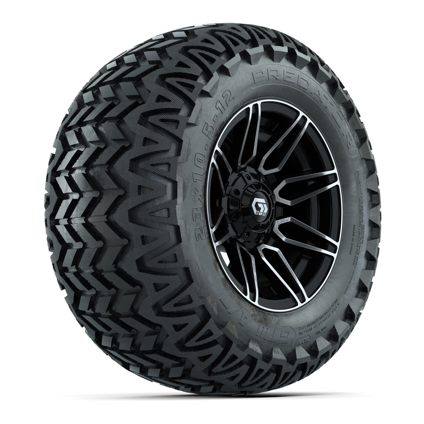 GTW® Stealth Black/Machined 12 in Wheels with 23X10.5-12 Predator All-Terrain Tires – Full Set