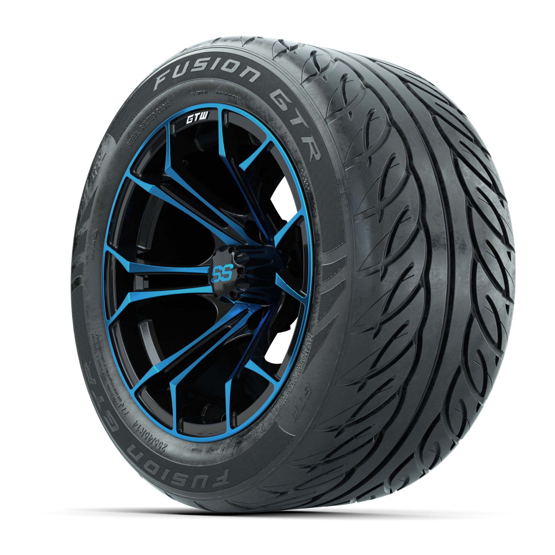 GTW® Spyder Black/Blue 14 in Wheels with 255/45-R14 Fusion GTR Steel Belt Radial Street Tires – Full Set