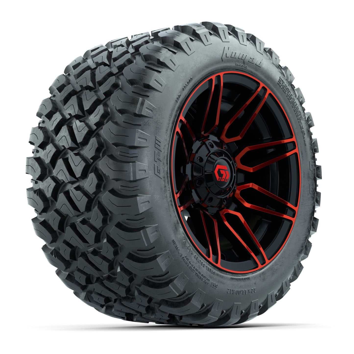 GTW® Stealth Red/Machined 12 in Wheels with 22X11-R12 Nomad Steel Belt Radial All-Terrain Tires – Full Set