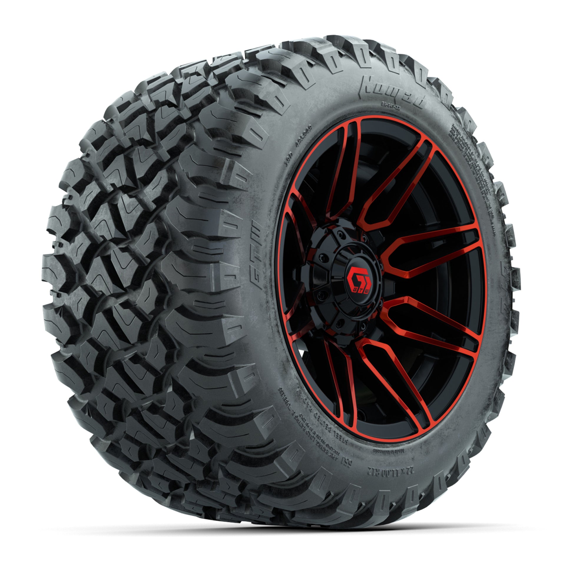 GTW® Stealth Red/Machined 12 in Wheels with 22X11-R12 Nomad Steel Belt Radial All-Terrain Tires – Full Set