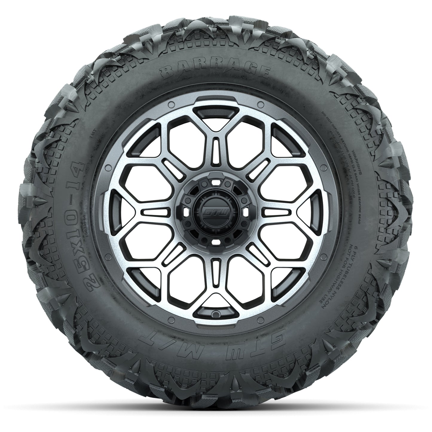 GTW Bravo Matte Gray/Machined 14 in Wheels with 25x10-14 Barrage Mud Tires – Full Set