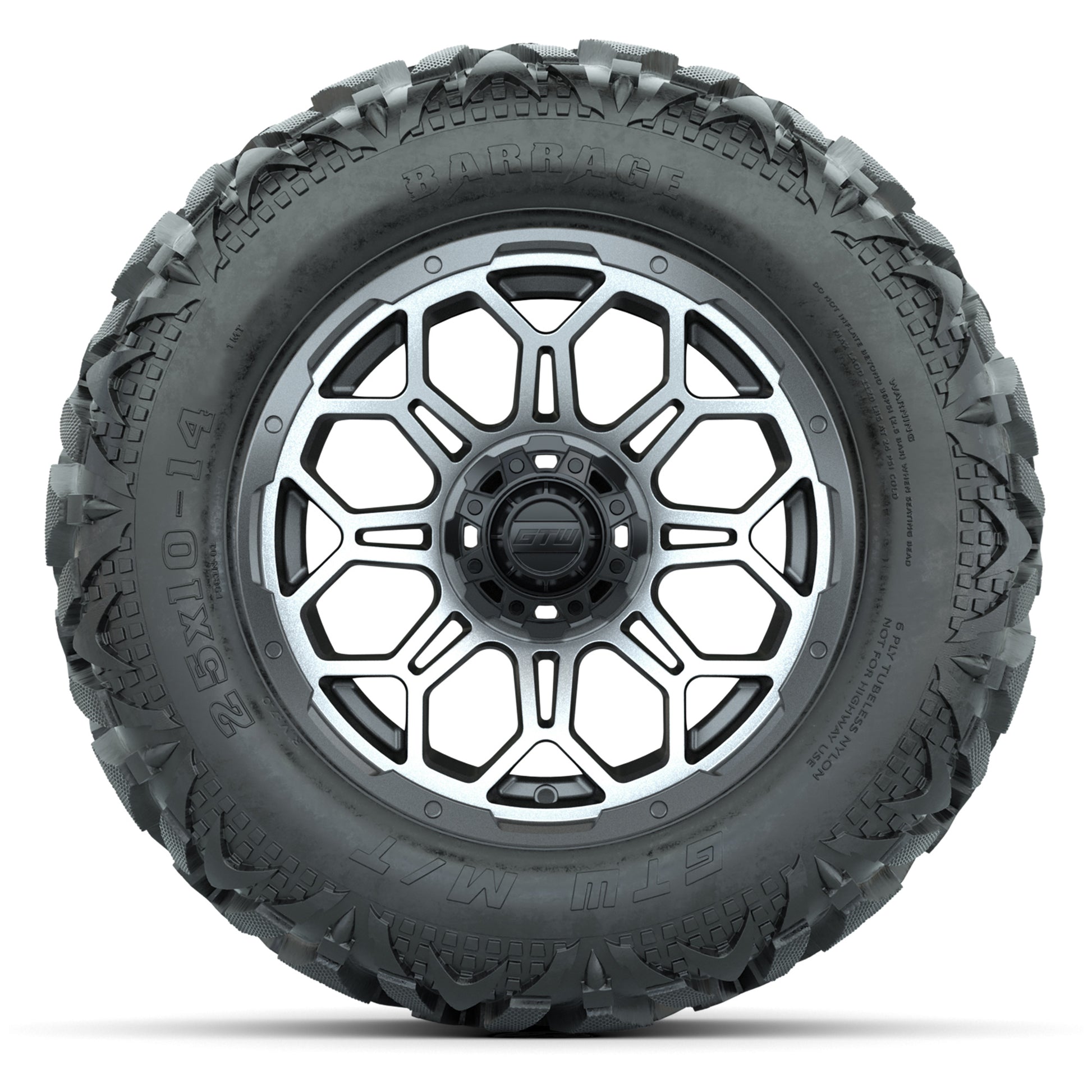 GTW Bravo Matte Gray/Machined 14 in Wheels with 25x10-14 Barrage Mud Tires – Full Set