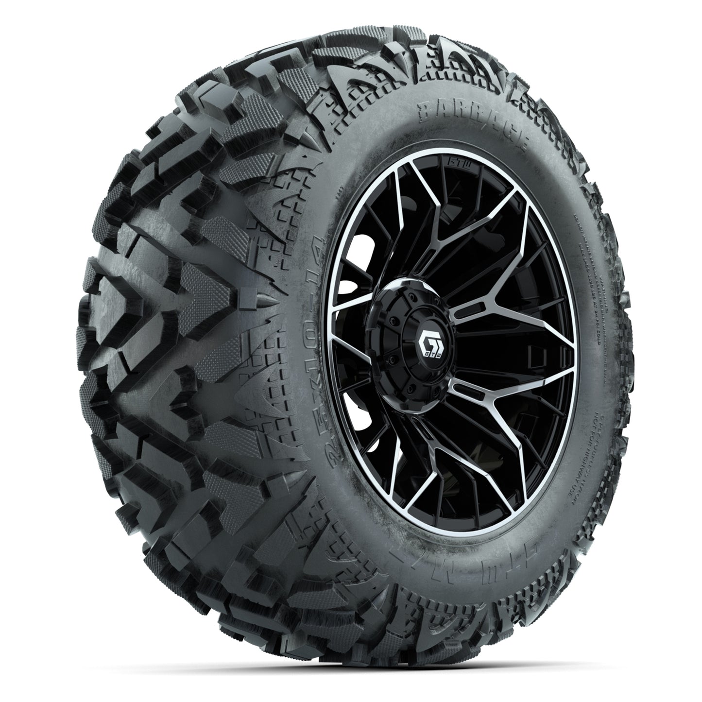 GTW Stellar Black/Machined 14 in Wheels with 25x10-14 Barrage Mud Tires – Full Set