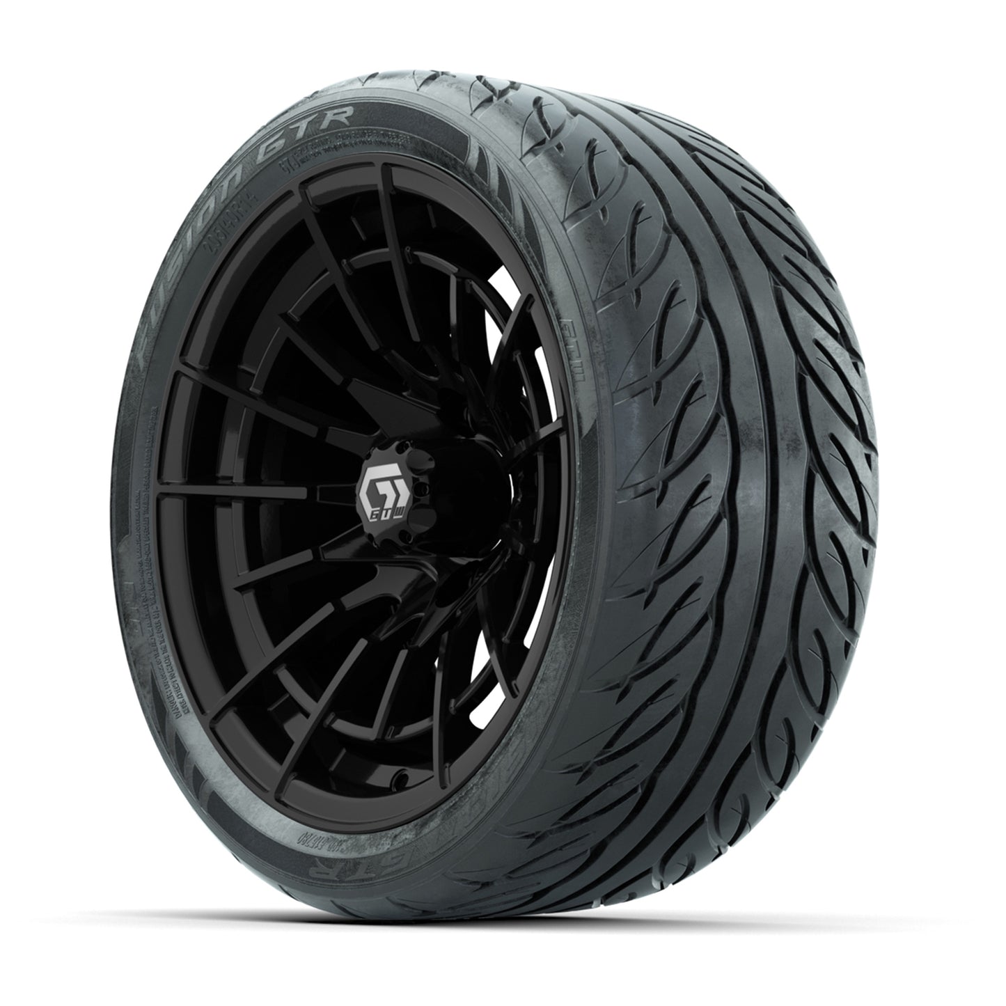 GTW® Boost Gloss Black 14 in Wheels with 205/40-R14 Fusion GTR Steel Belted Street Tires – Full Set