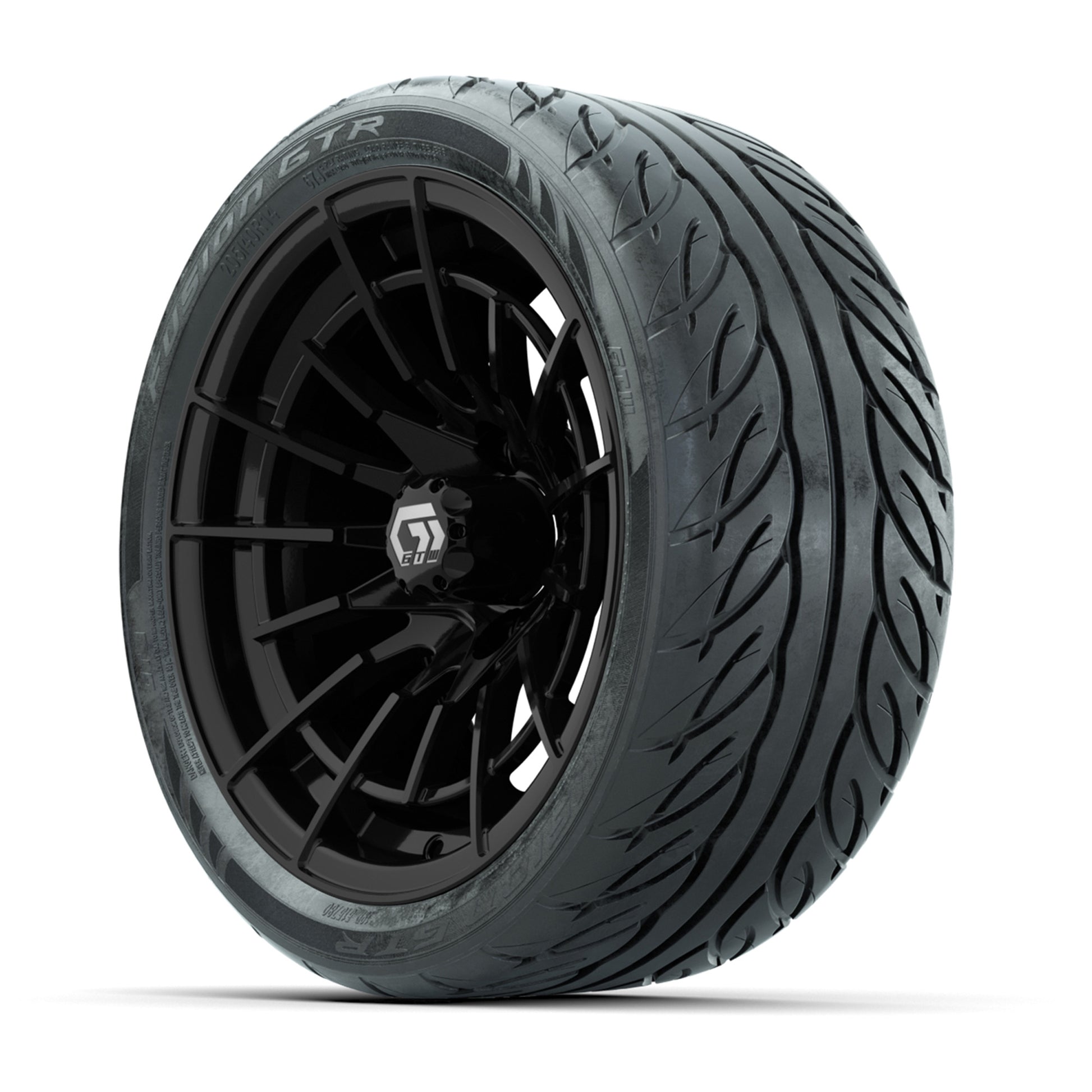 GTW® Boost Gloss Black 14 in Wheels with 205/40-R14 Fusion GTR Steel Belted Street Tires – Full Set