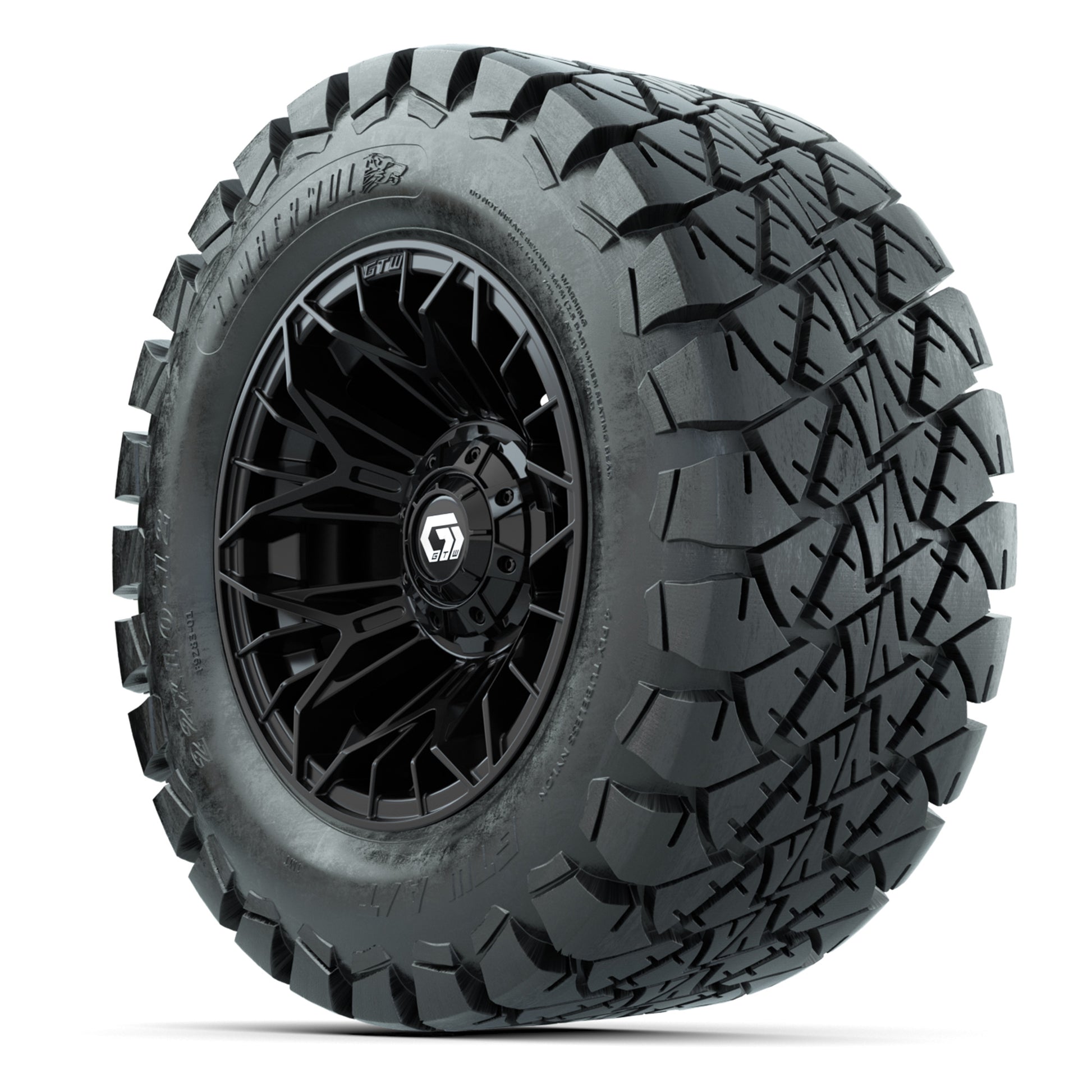 GTW® Stellar Black 12 in Wheels with 22X10-12 Timberwolf All-Terrain Tires – Full Set