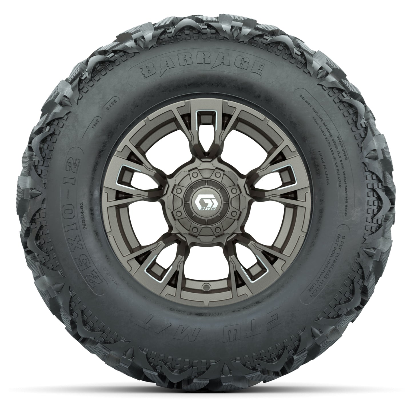 GTW® Vandal Bronze/Machined 12 in Wheels with 25X10-12 Barrage Mud Tires – Full Set