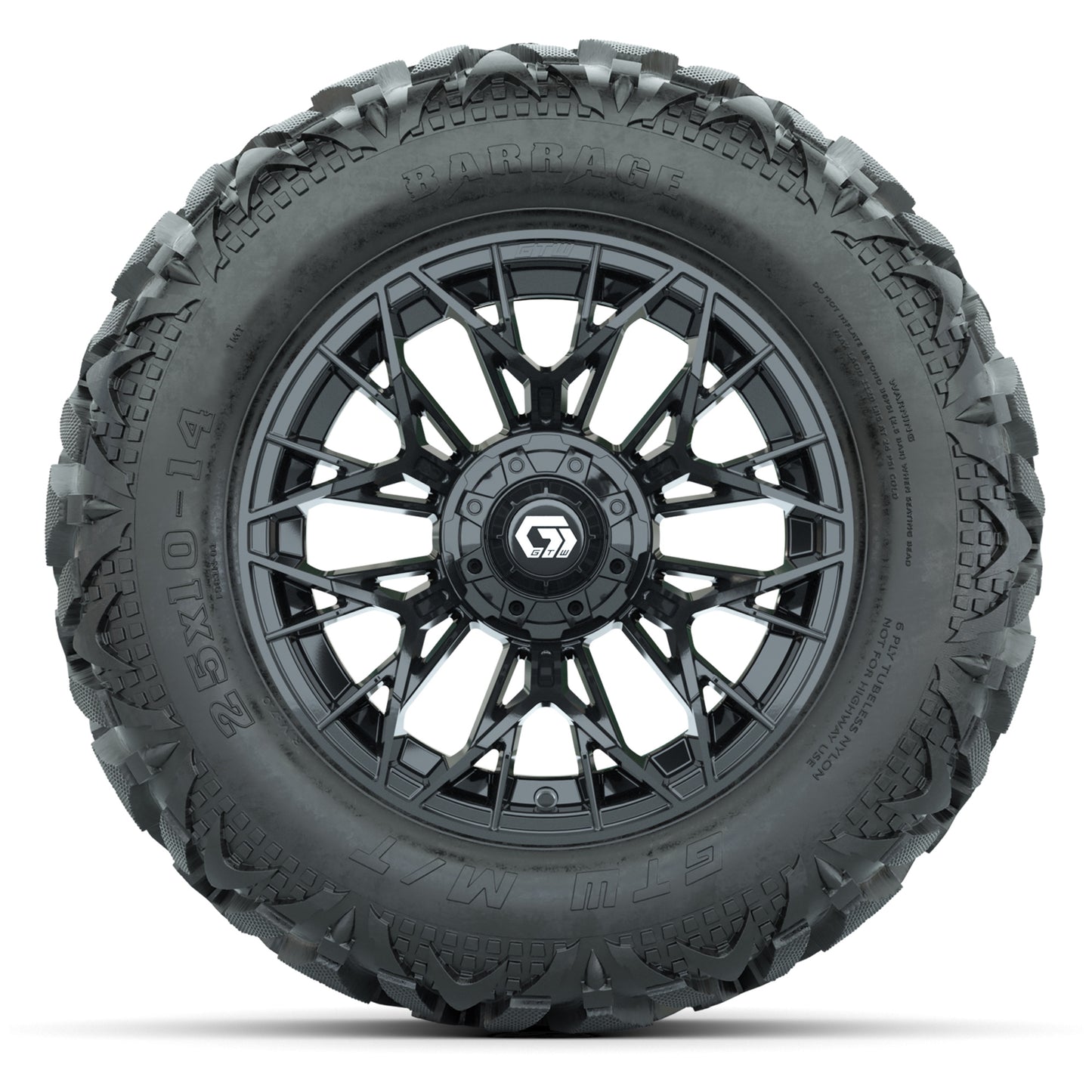 GTW Stellar Black 14 in Wheels with 25x10-14 Barrage Mud Tires – Full Set
