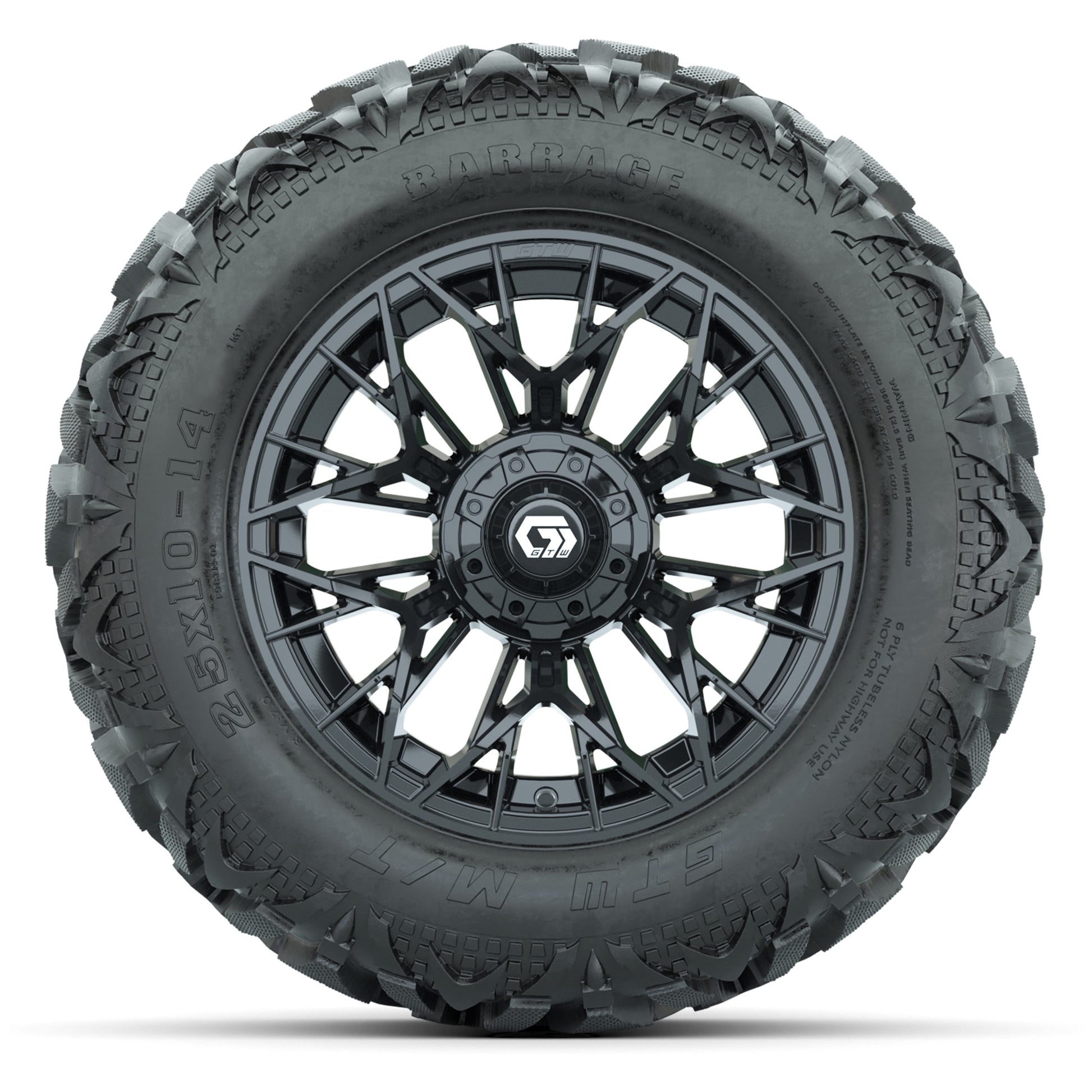 GTW Stellar Black 14 in Wheels with 25x10-14 Barrage Mud Tires – Full Set