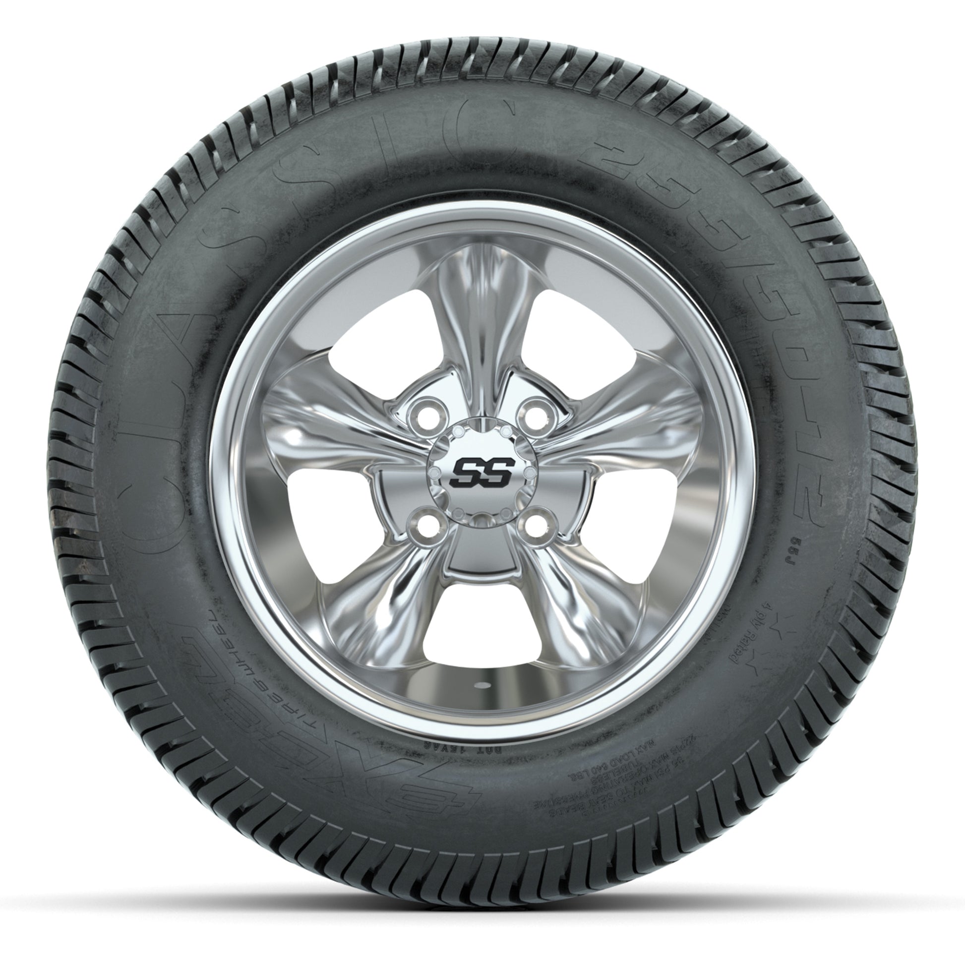 GTW® Godfather Chrome 12 in Wheels with 255/50-12 Excel Classic Street Tires – Full Set