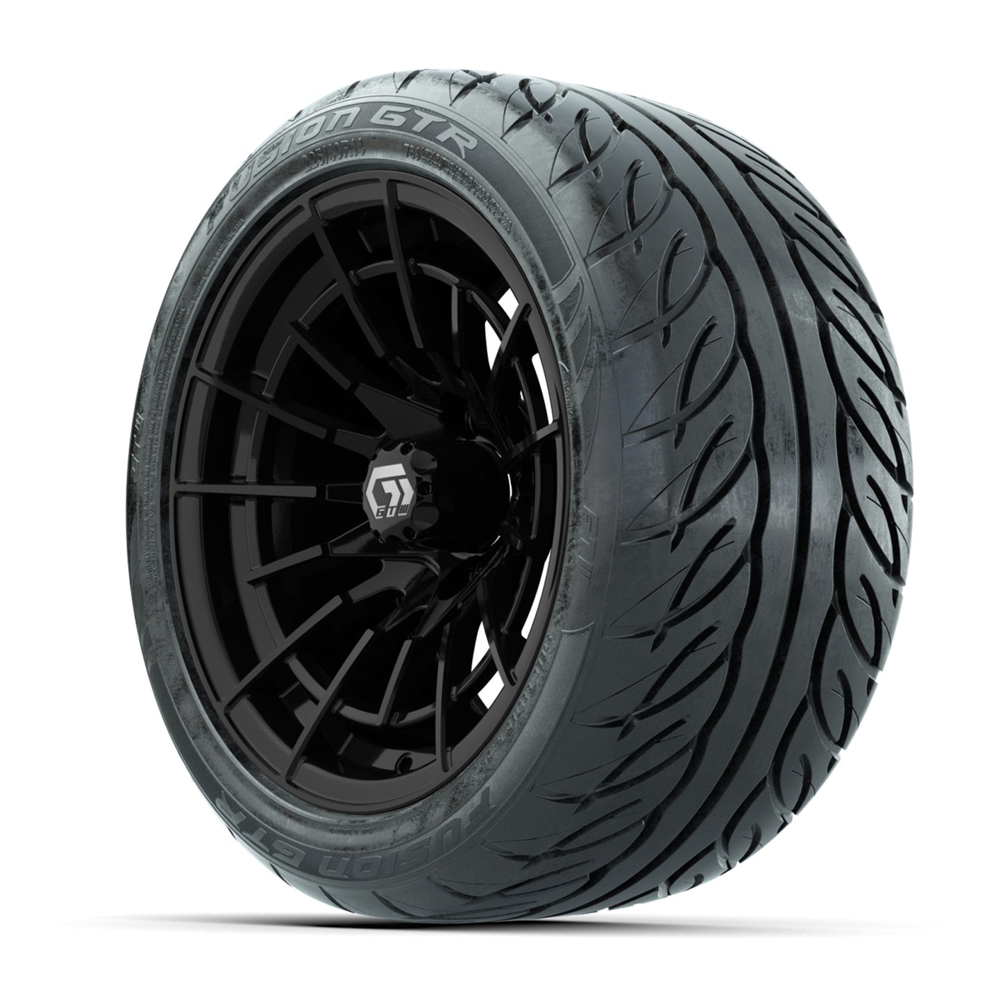 GTW® Boost Gloss Black 14 in Wheels with 225/40-R14 Fusion GTR Steel Belt Radial Street Tires – Full Set