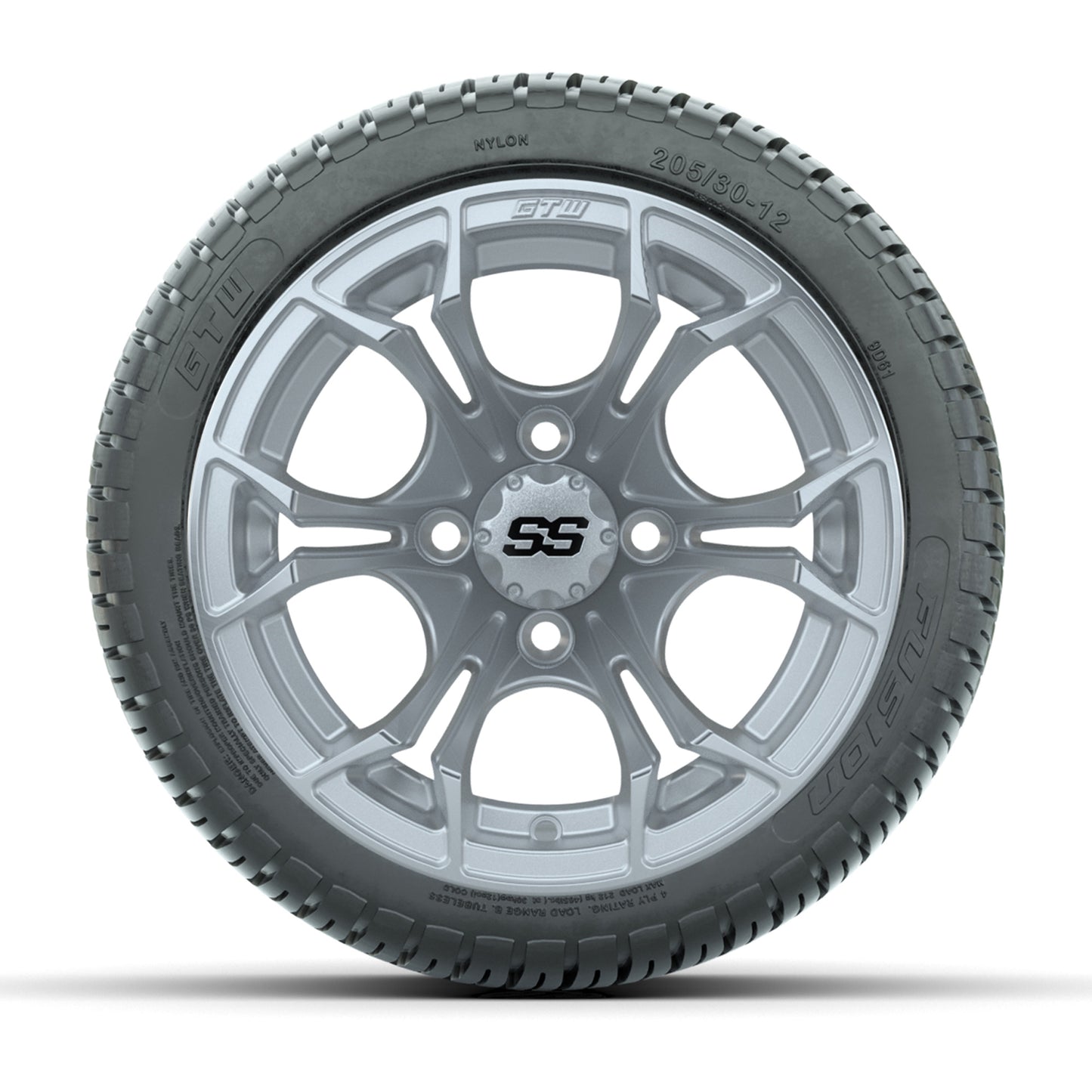 GTW® Spyder Silver Brush 12 in Wheels with 205/30-12 Fusion Street Tires – Full Set