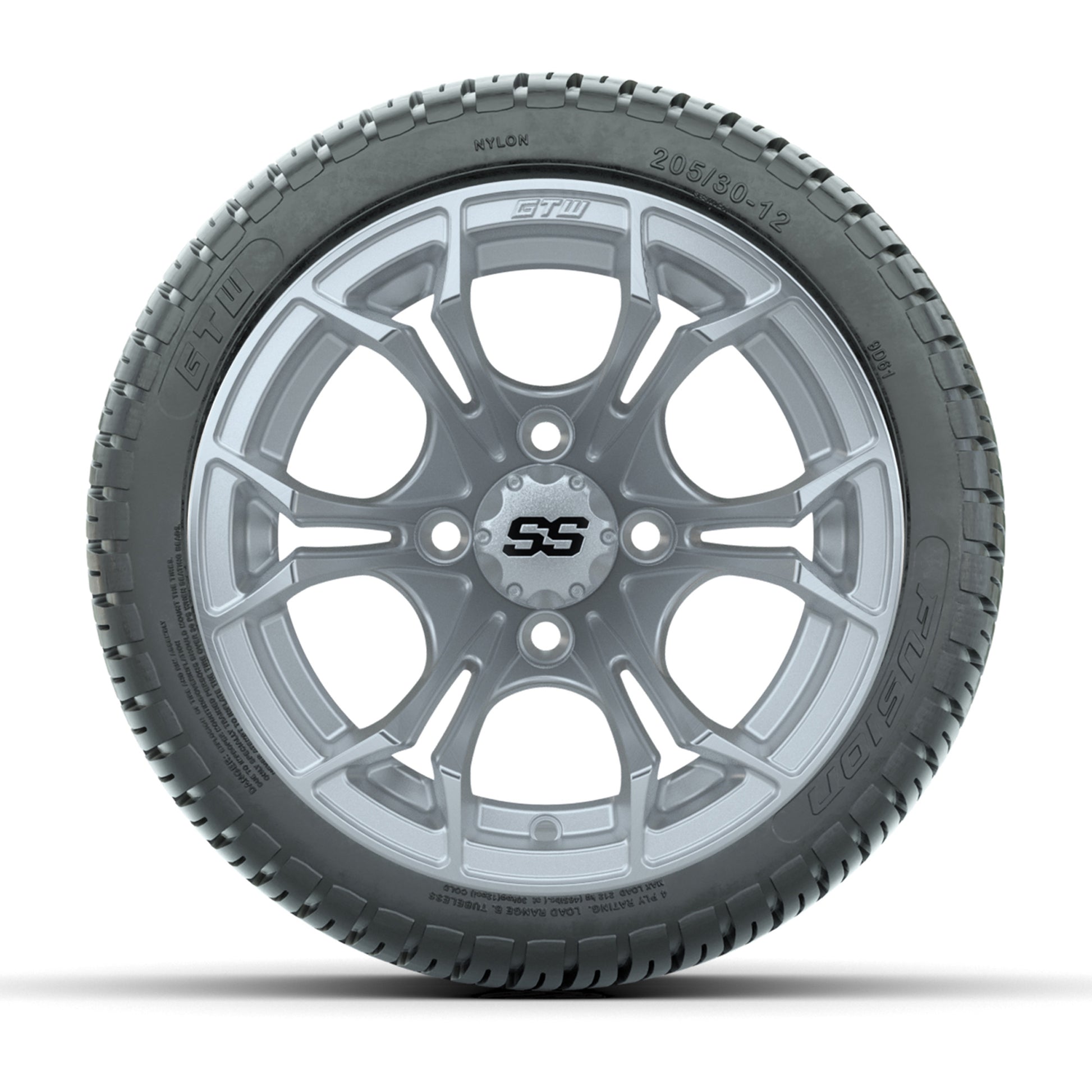 GTW® Spyder Silver Brush 12 in Wheels with 205/30-12 Fusion Street Tires – Full Set