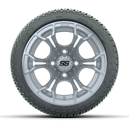 GTW® Spyder Silver Brush 12 in Wheels with 205/30-12 Fusion Street Tires – Full Set