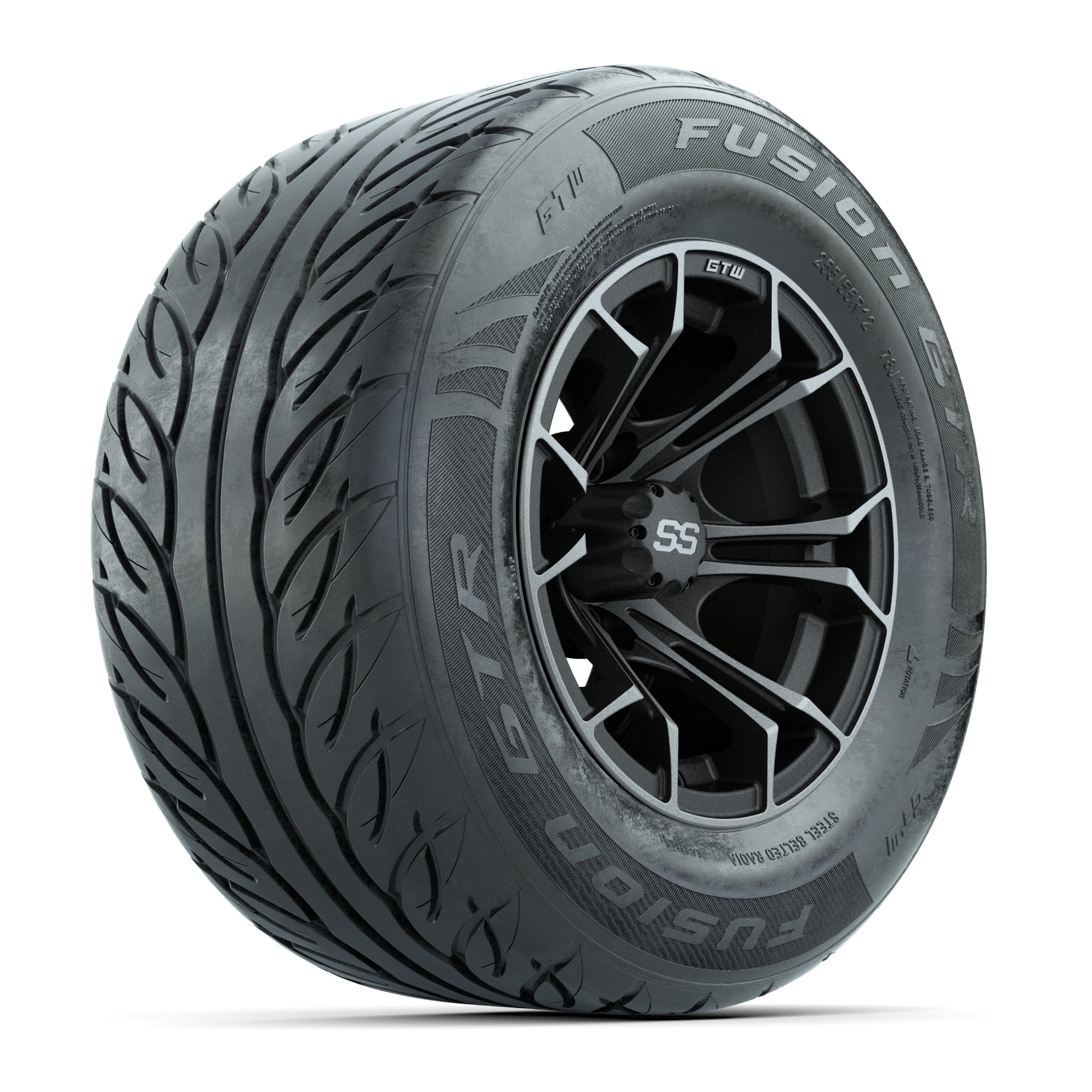 GTW® Spyder Matte Gray/Machined 12 in Wheels with 255/55-R12 Fusion GTR Steel Belt Radial Street Tires – Full Set