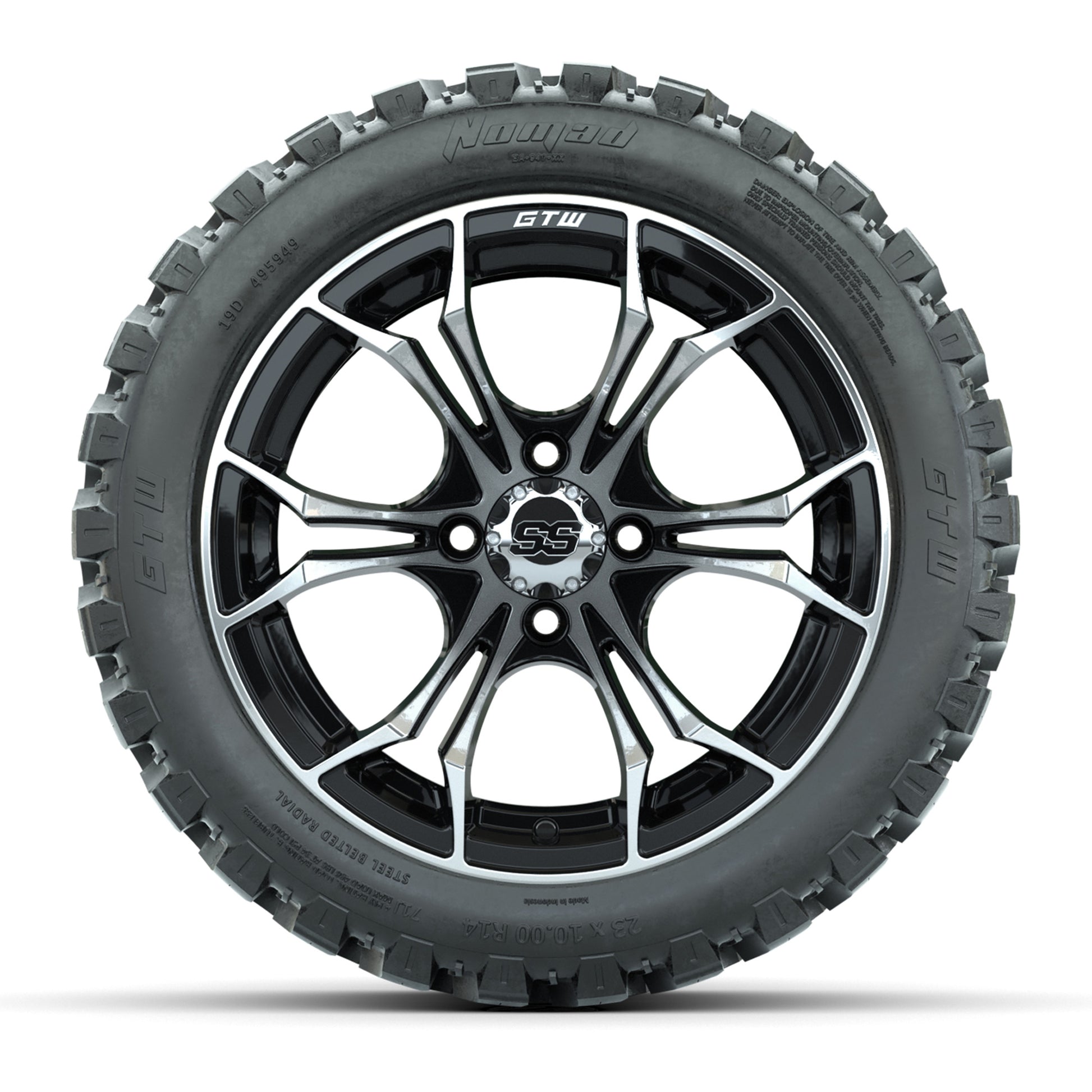 GTW Spyder Machined/Black 14 in Wheels with 23x10-14 GTW Nomad All-Terrain Tires – Full Set
