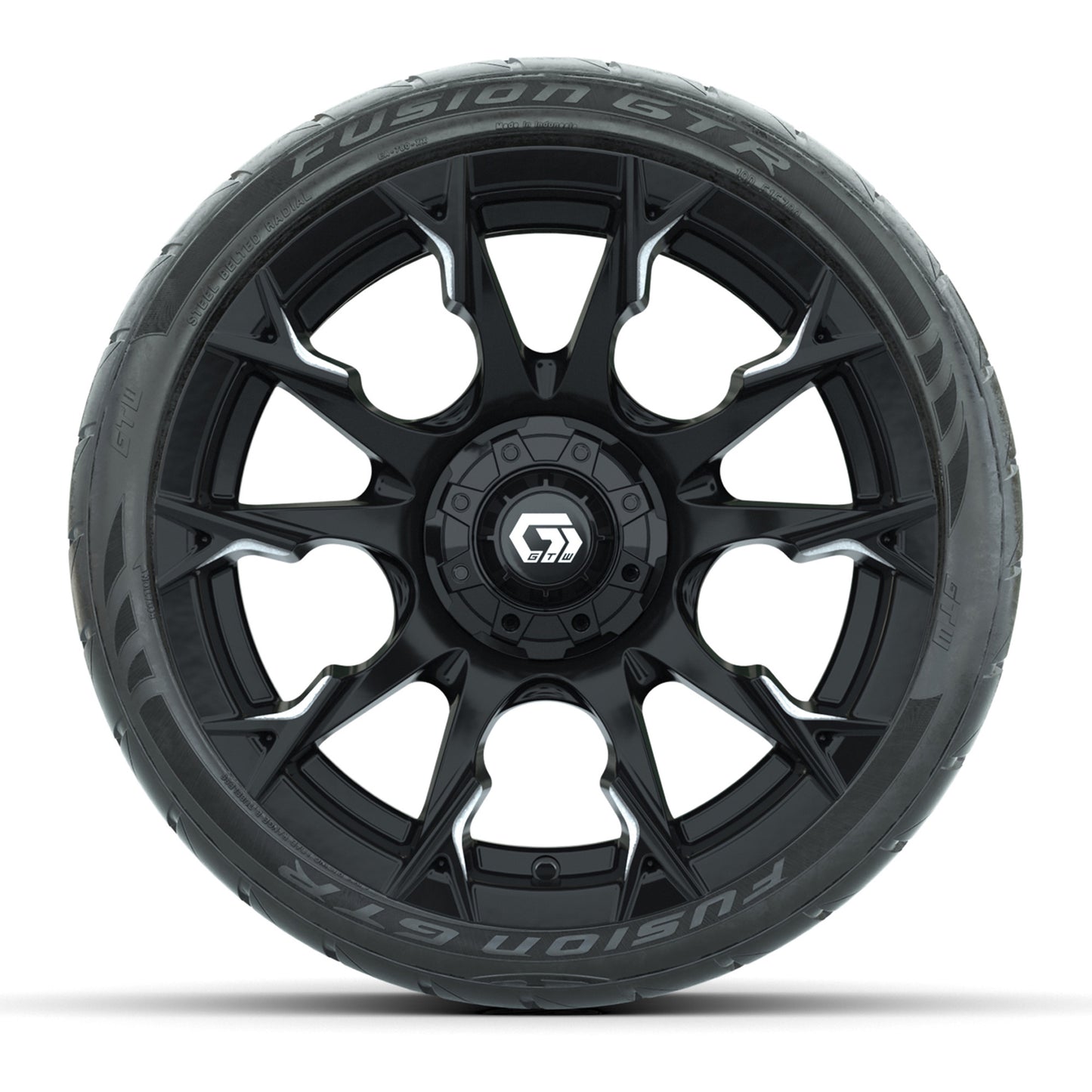 GTW® Diablo Gloss Black/Machined 15 in Wheels with 215/40-R15 Fusion GTR Steel Belted Street Tires – Full Set