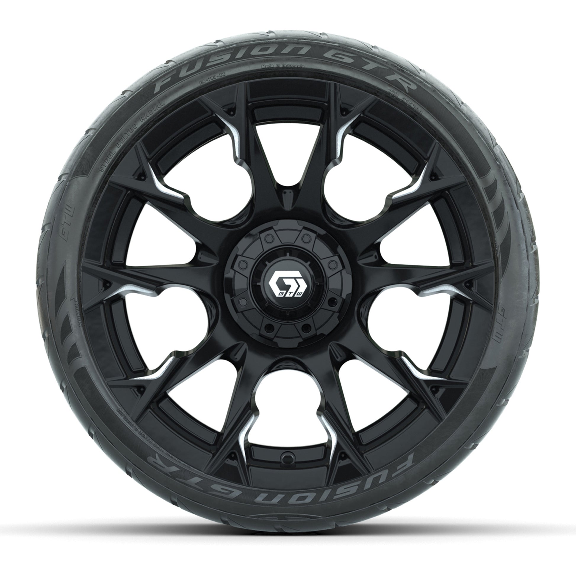 GTW® Diablo Gloss Black/Machined 15 in Wheels with 215/40-R15 Fusion GTR Steel Belted Street Tires – Full Set
