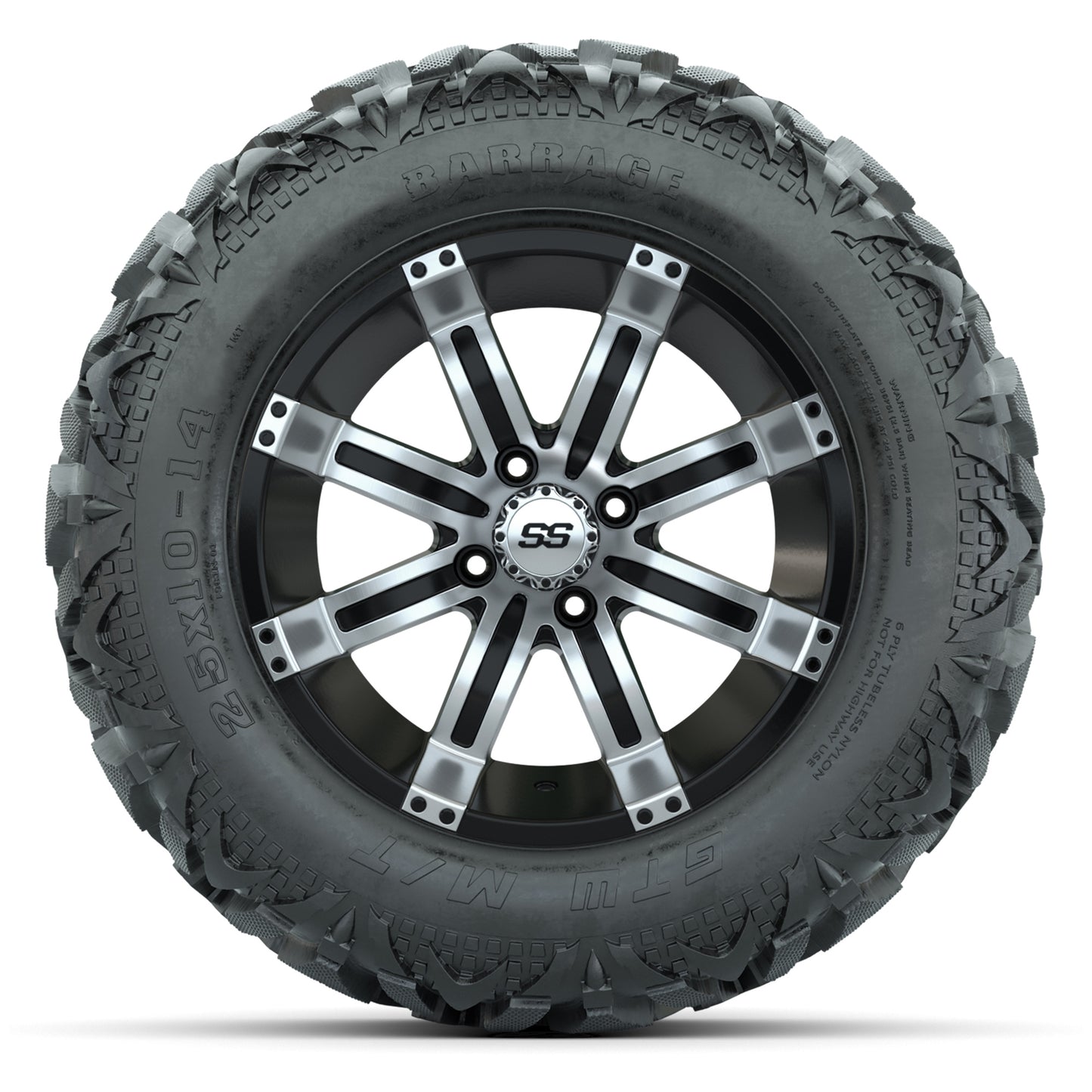 GTW Tempest Black/Machined 14 in Wheels with 25x10-14 Barrage Mud Tires – Full Set