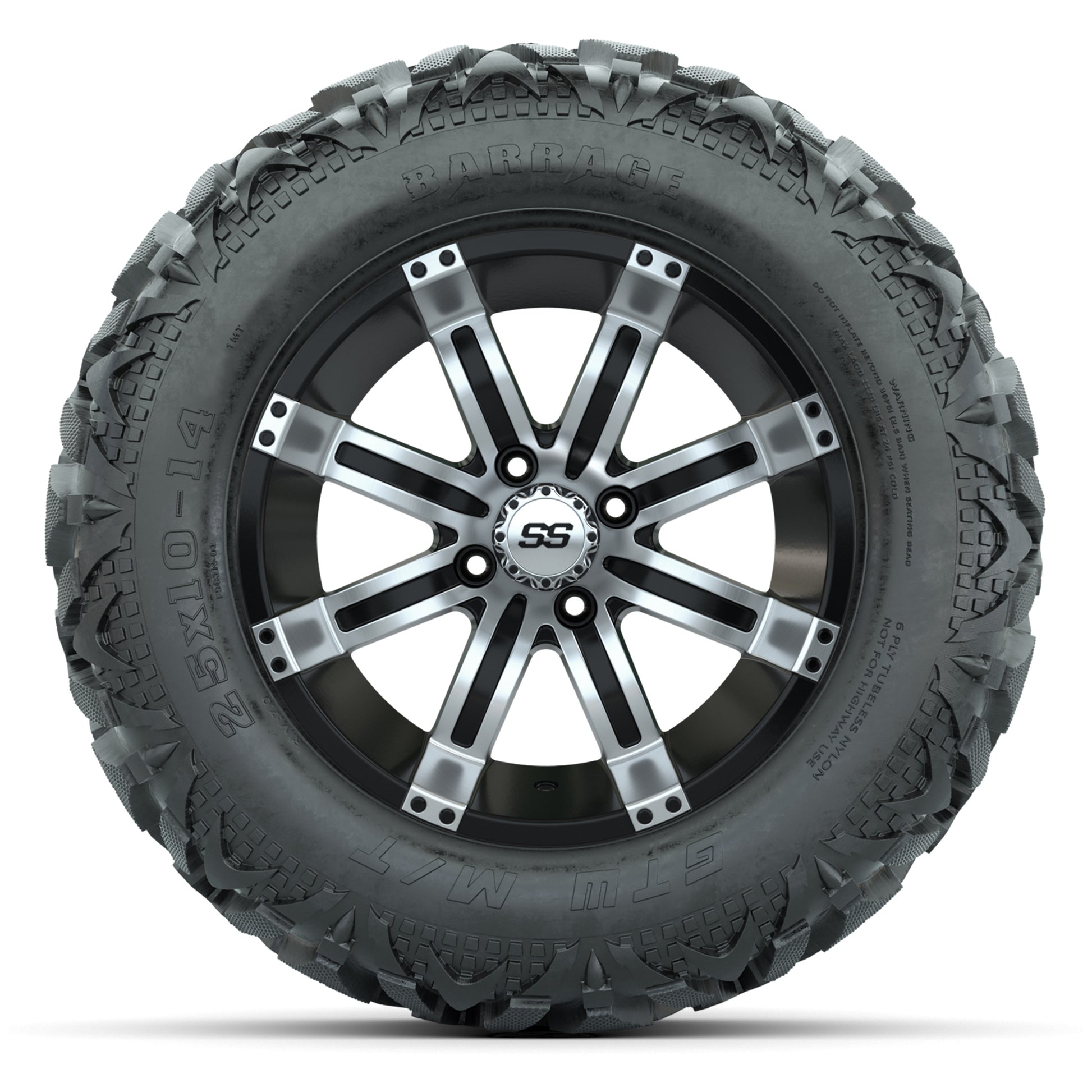 GTW Tempest Black/Machined 14 in Wheels with 25x10-14 Barrage Mud Tires – Full Set
