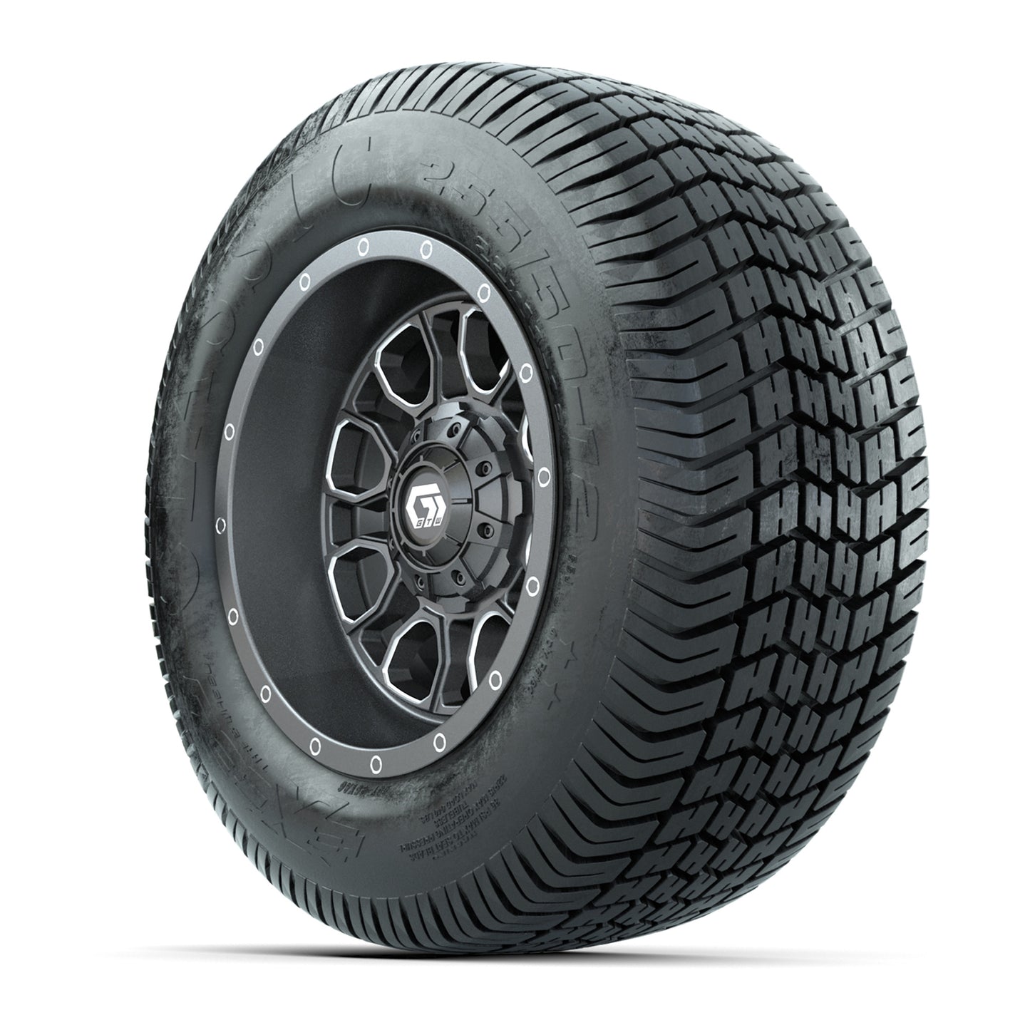 GTW® Volt Gunmetal 12 in Wheels with 255/50-12 Excel Classic Street Tires – Full Set