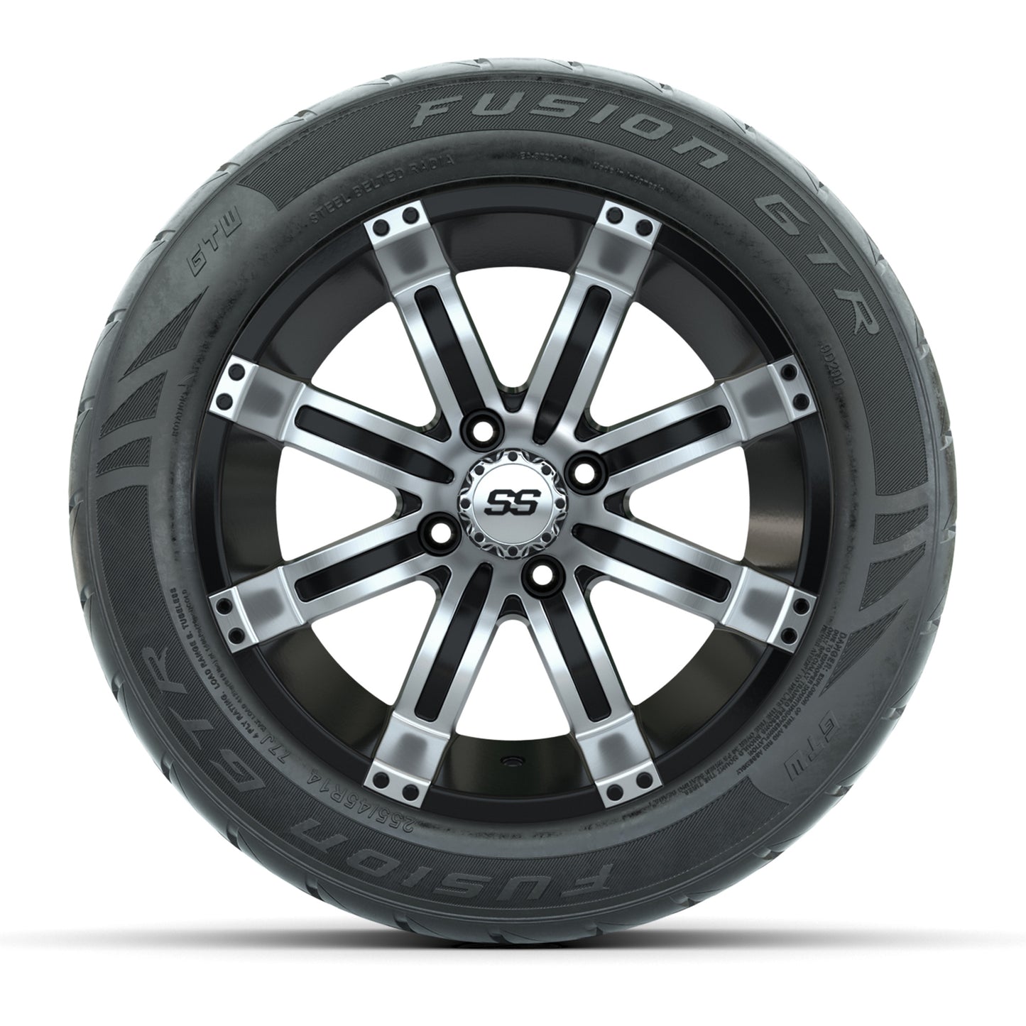 GTW® Tempest Black/Machined 14 in Wheels with 255/45-R14 Fusion GTR Steel Belt Radial Street Tires – Full Set