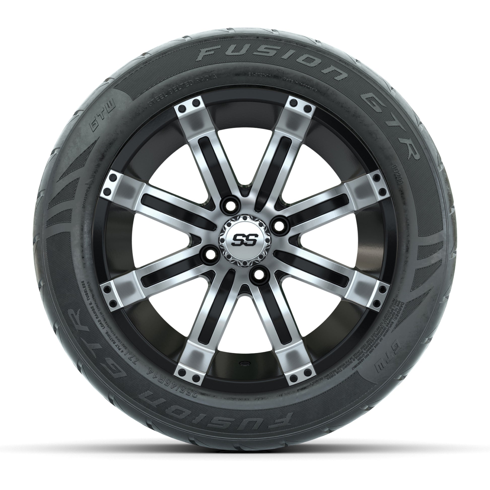 GTW® Tempest Black/Machined 14 in Wheels with 255/45-R14 Fusion GTR Steel Belt Radial Street Tires – Full Set