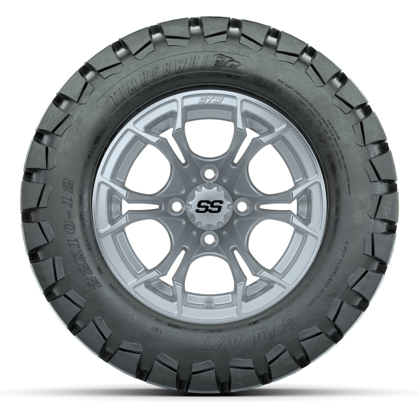 GTW® Spyder Silver Brush 12 in Wheels with 22X10-12 Timberwolf All-Terrain Tires – Full Set