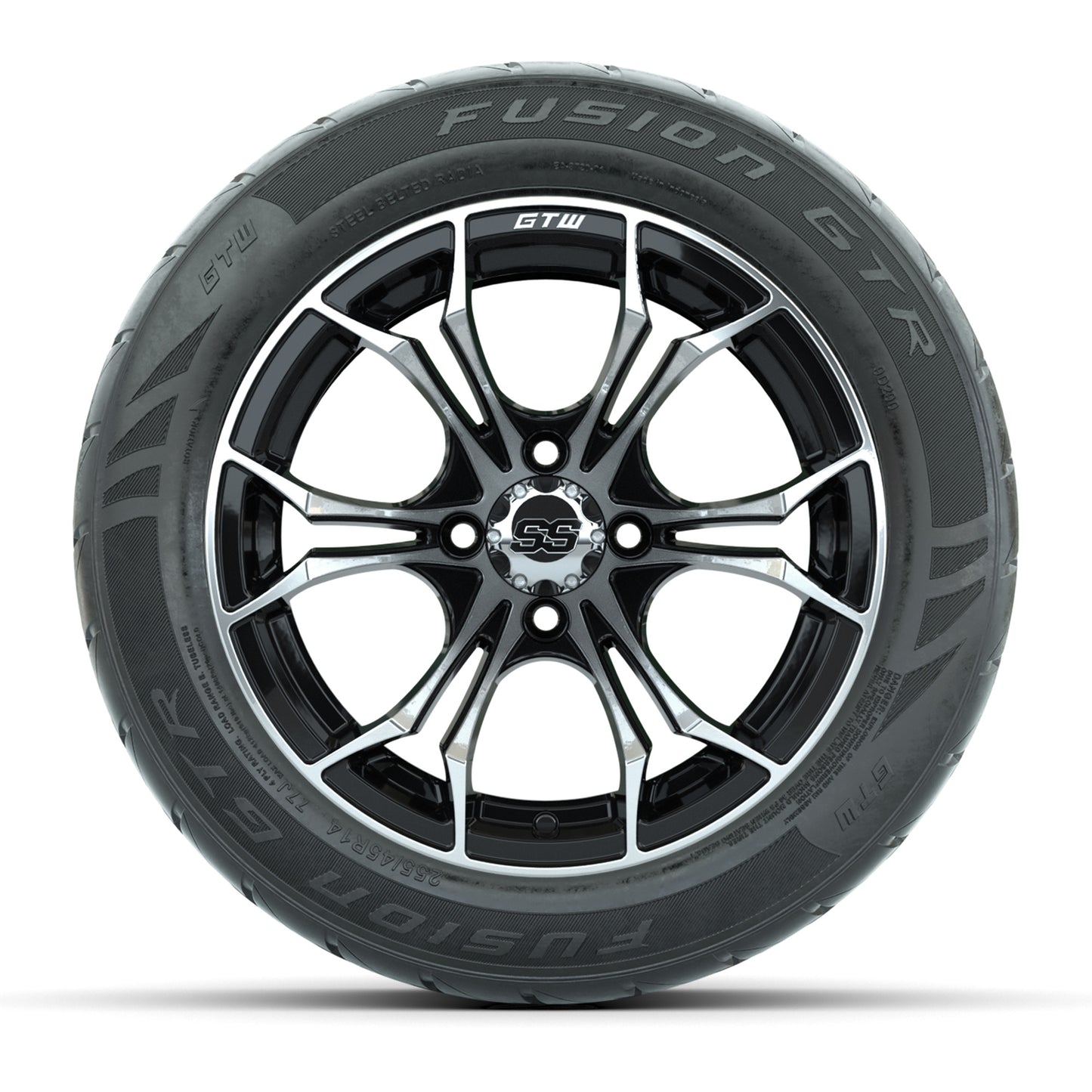 GTW Spyder Machined/Black 14 in Wheels with 255/45-R14 Fusion GTR Street Tires – Full Set