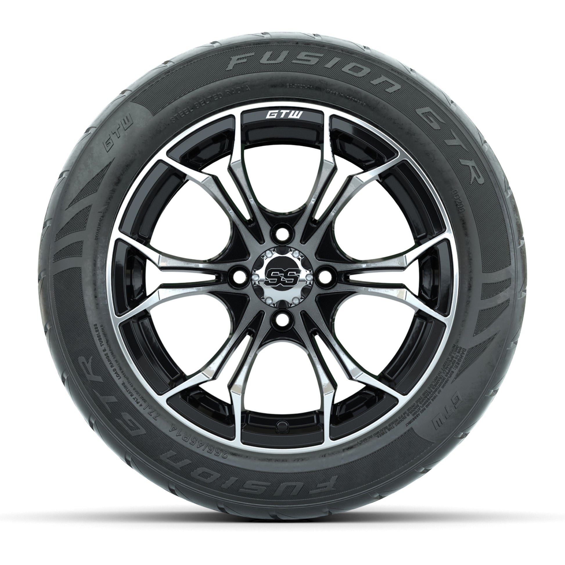 GTW Spyder Machined/Black 14 in Wheels with 255/45-R14 Fusion GTR Street Tires – Full Set