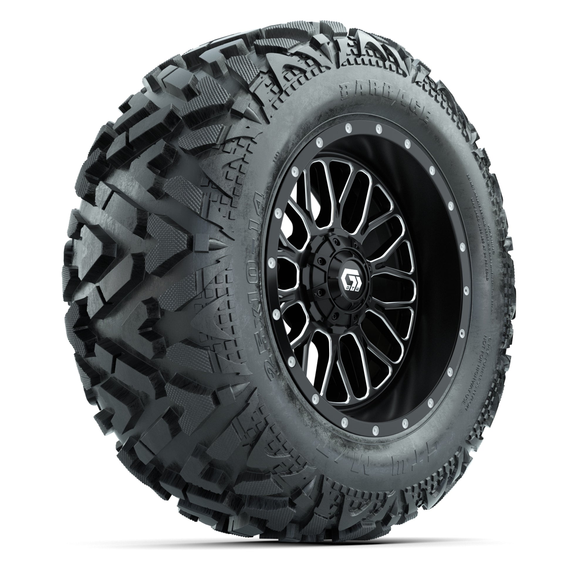 GTW Helix Black/Machined 14 in Wheels with 25x10-14 Barrage Mud Tires – Full Set