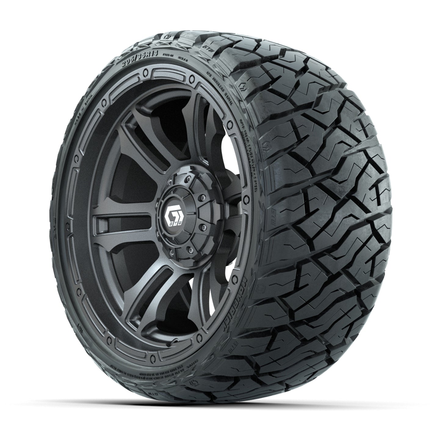 GTW Shogun Gloss Gunmetal 14 in Wheels with 205/35-R14 Maverick Low-Profile All-Terrain Tires – Full Set