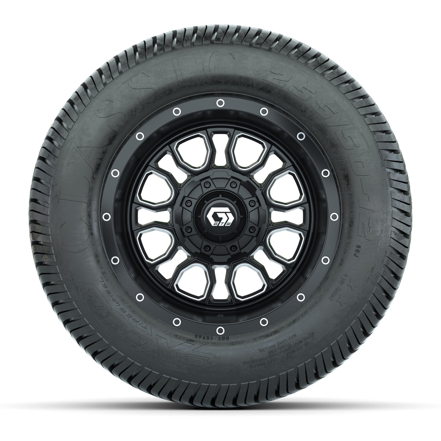 GTW® Volt Black/Machined 12 in Wheels with 255/50-12 Excel Classic Street Tires – Full Set
