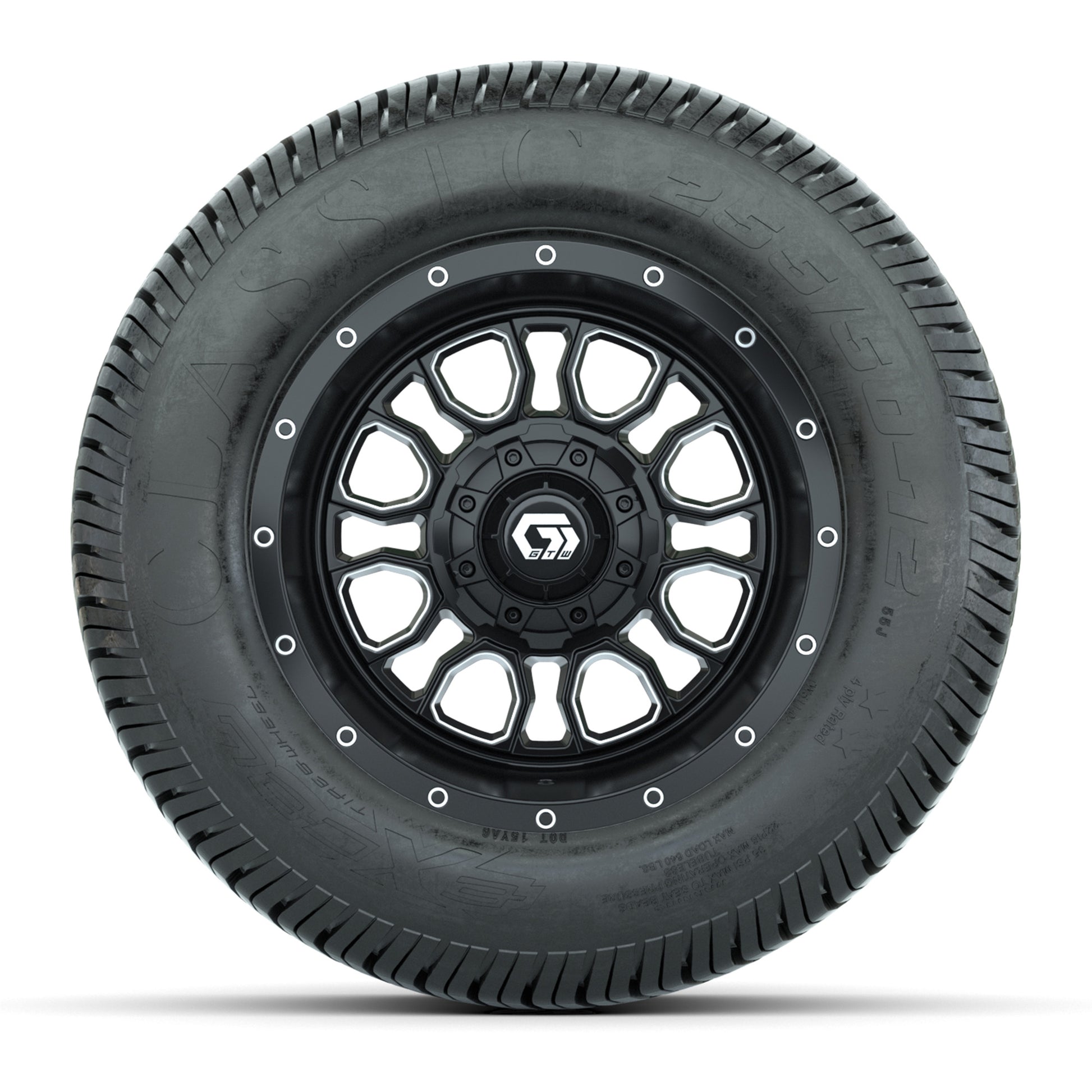 GTW® Volt Black/Machined 12 in Wheels with 255/50-12 Excel Classic Street Tires – Full Set