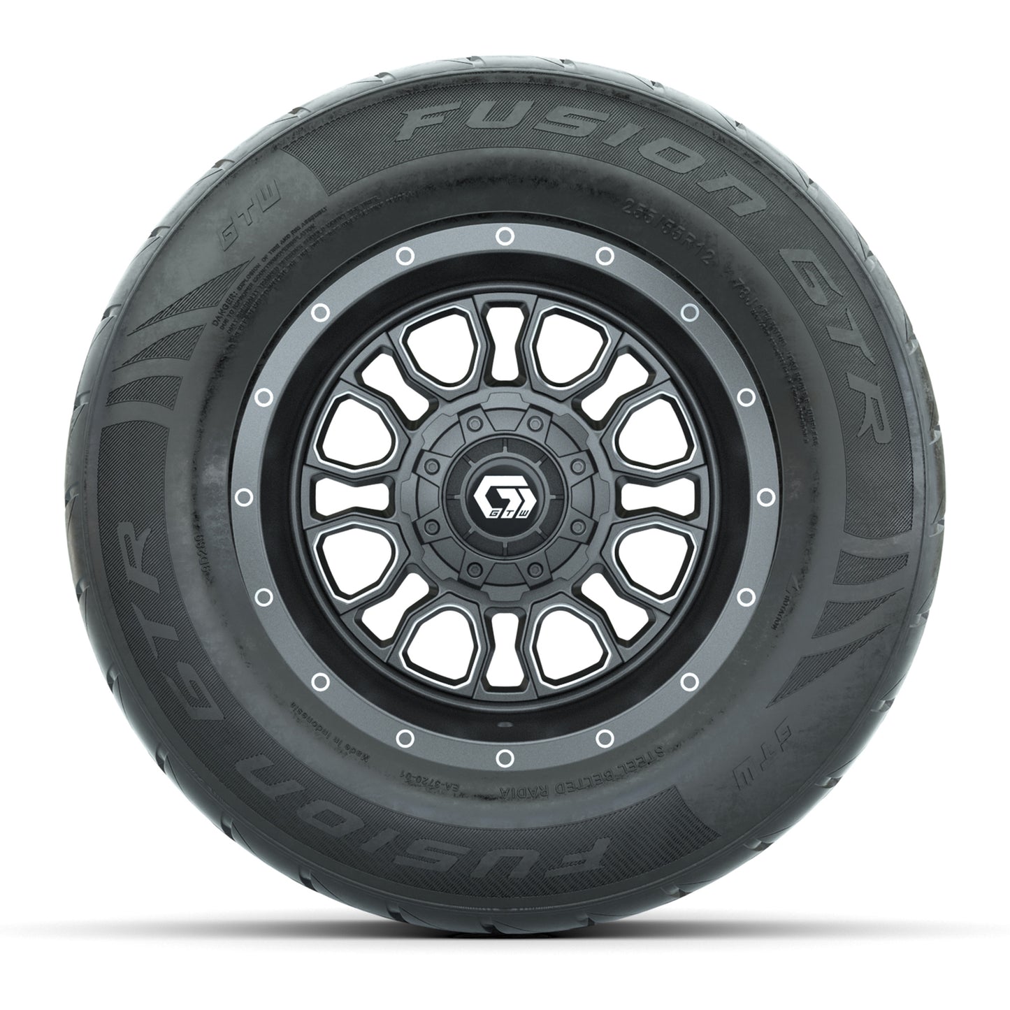 GTW® Volt Gunmetal 12 in Wheels with 255/55-R12 Fusion GTR Steel Belt Radial Street Tires – Full Set